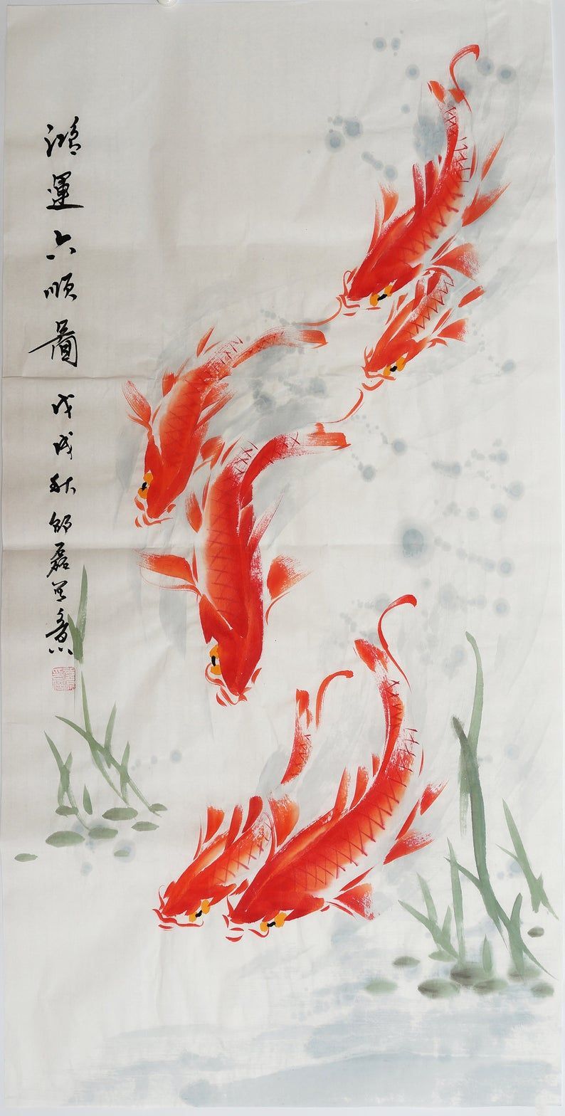 100% Hand Painted Chinese Watercolor Koi Fish Art Slender Australia. Koi Watercolor, Fish Art, Ink Wash Painting