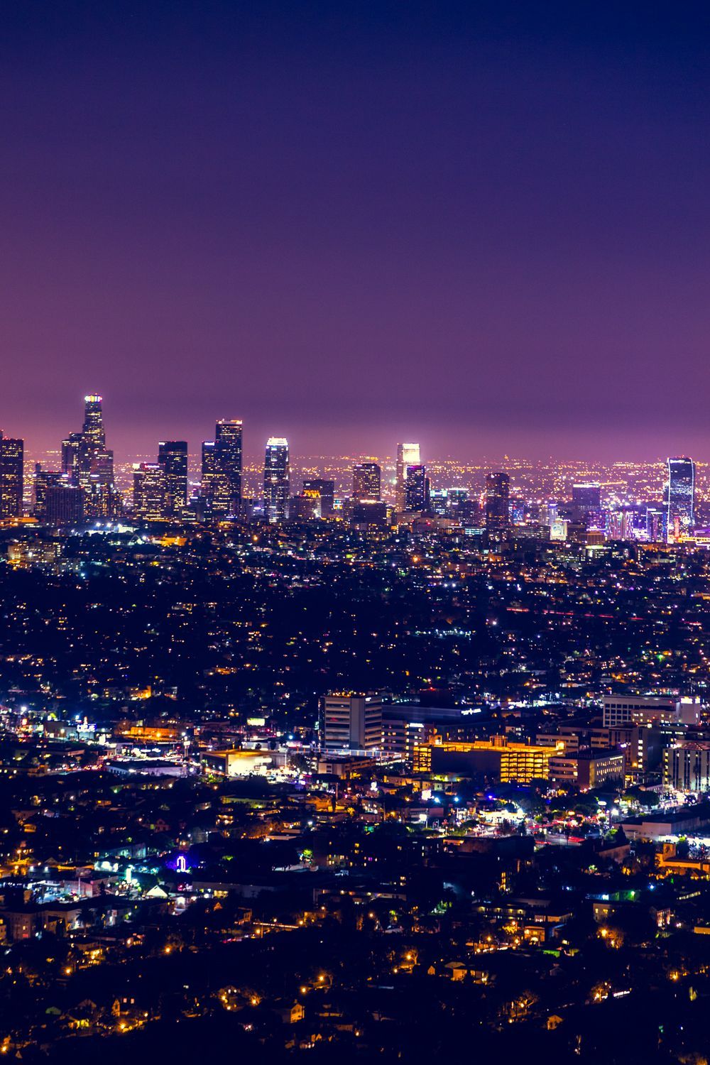 A cityscape at night with a purple sky - Los Angeles