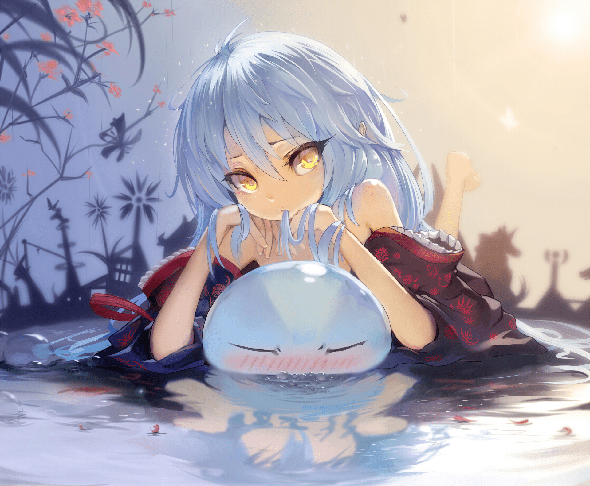 Anime girl with blue hair and a red dress - Slime