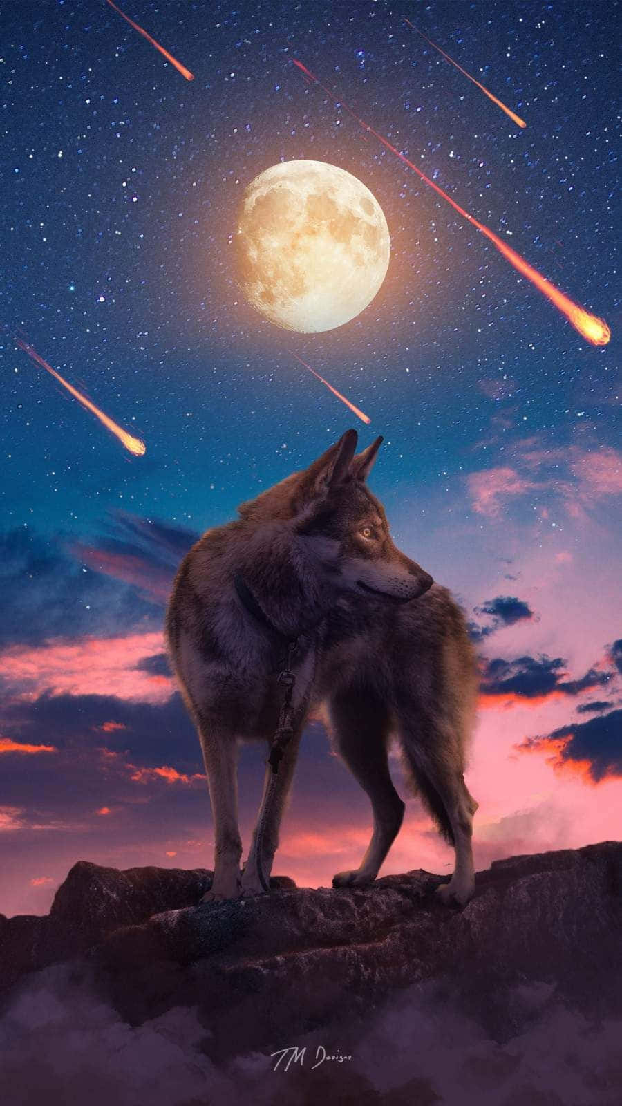 A wolf standing on a rock looking at the full moon - Wolf