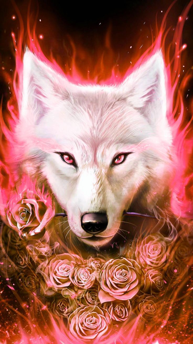 IPhone wallpaper of a white wolf with red eyes surrounded by roses - Wolf