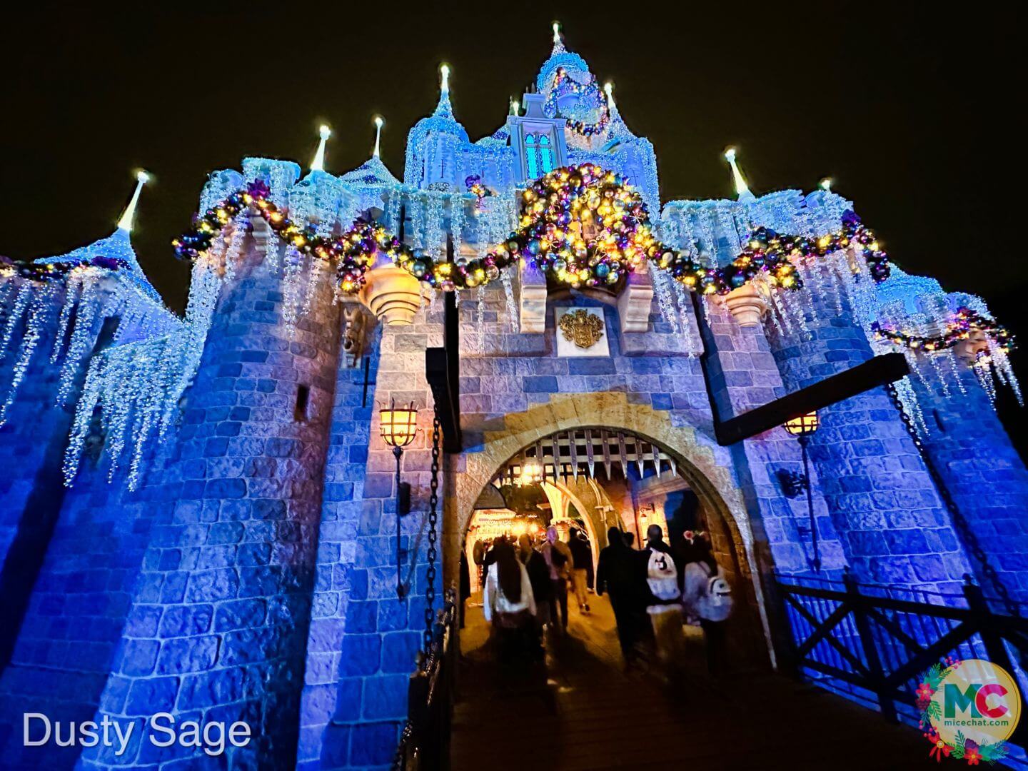 A castle with lights and garland on it - Disneyland