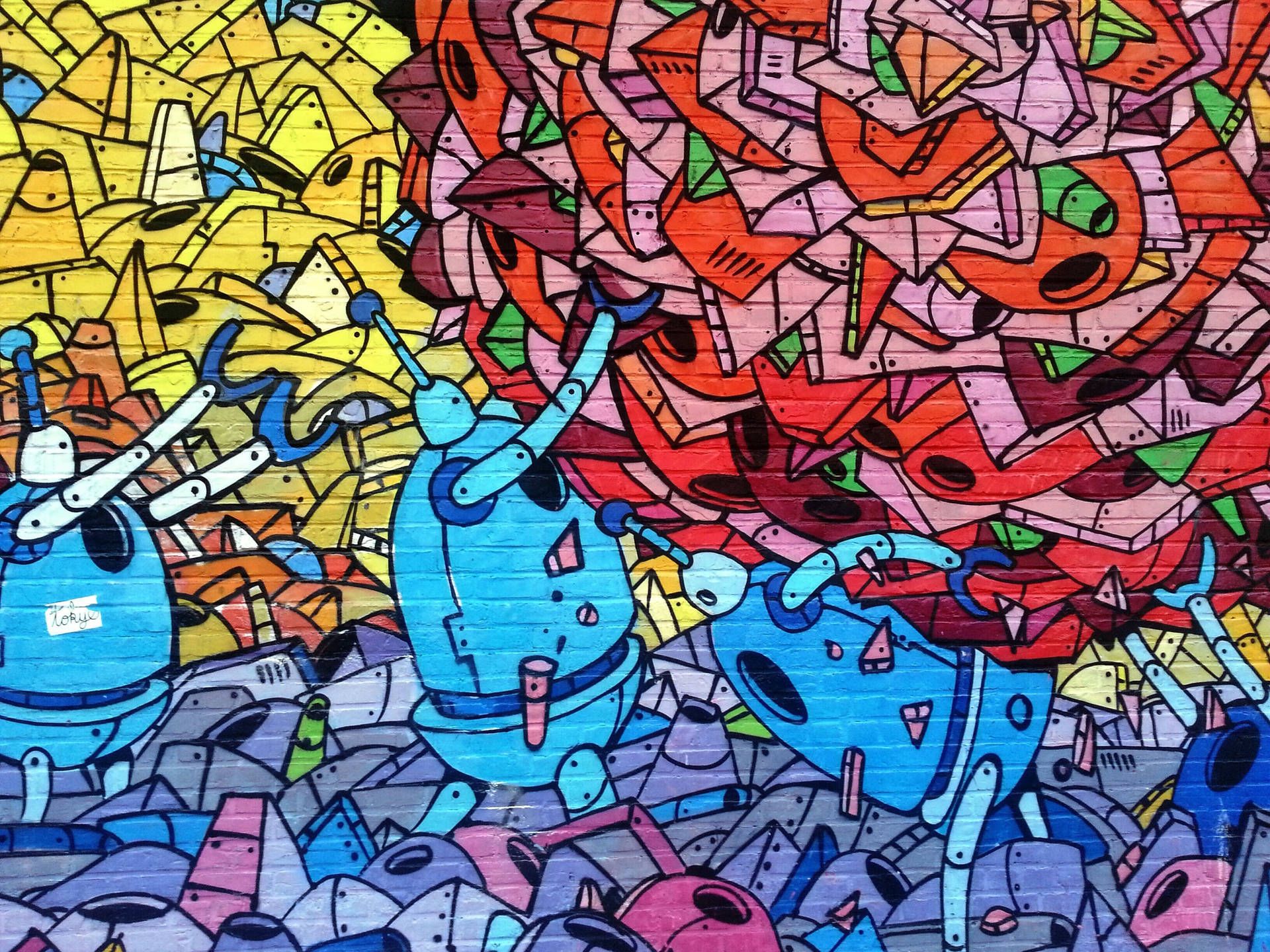 A colorful mural of robots and other objects - Graffiti