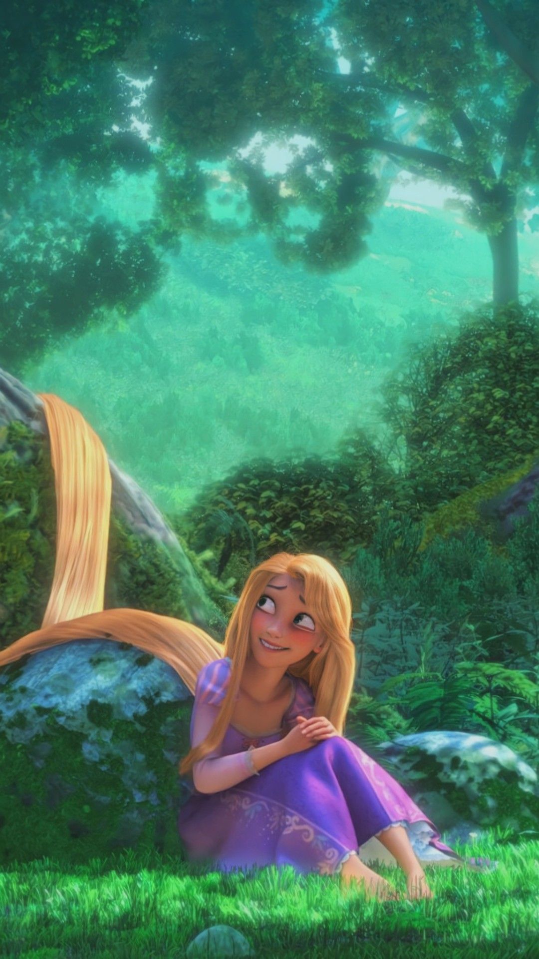 A cartoon character sitting on the ground in front of some trees - Rapunzel