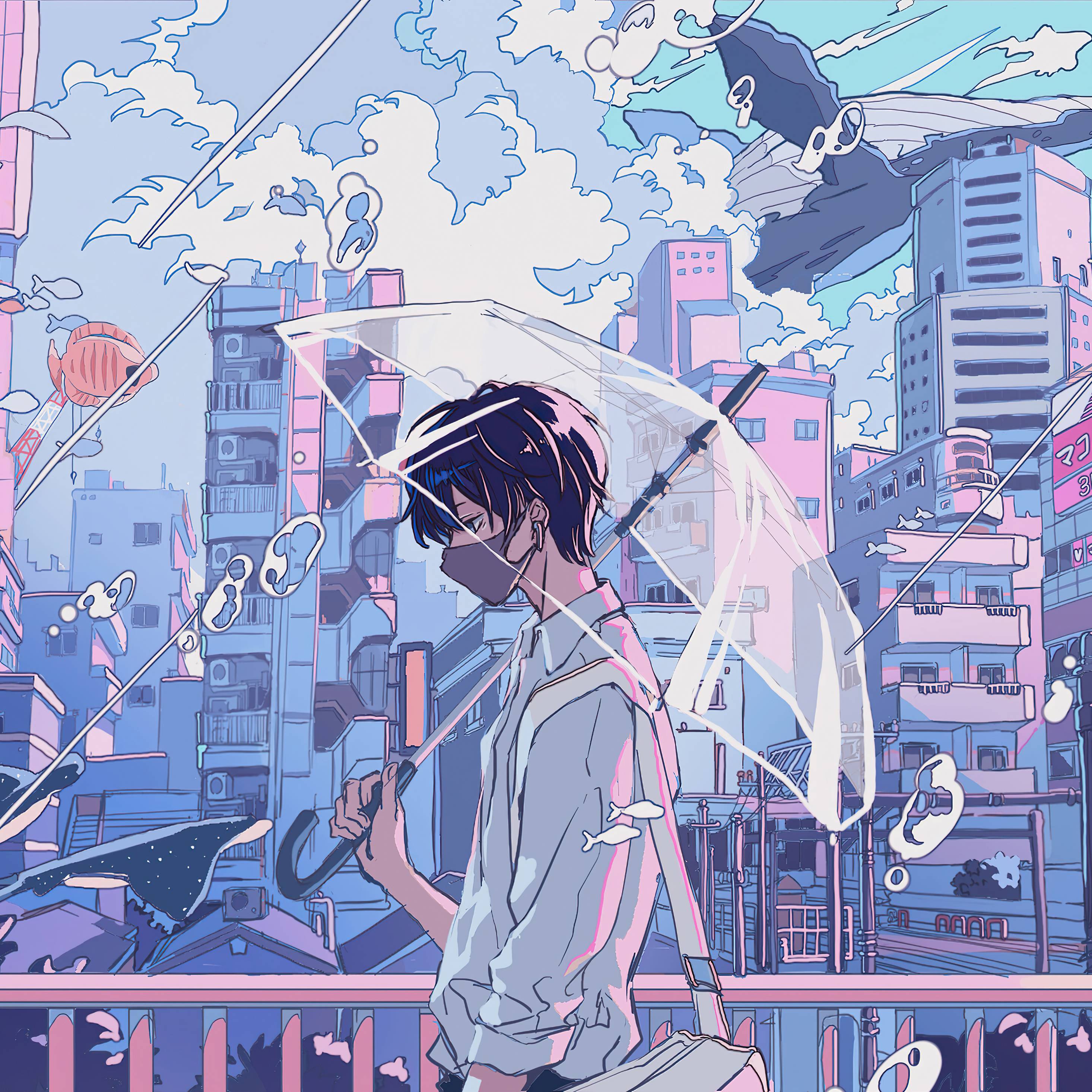 A man holding an umbrella in front of buildings - Underwater, anime