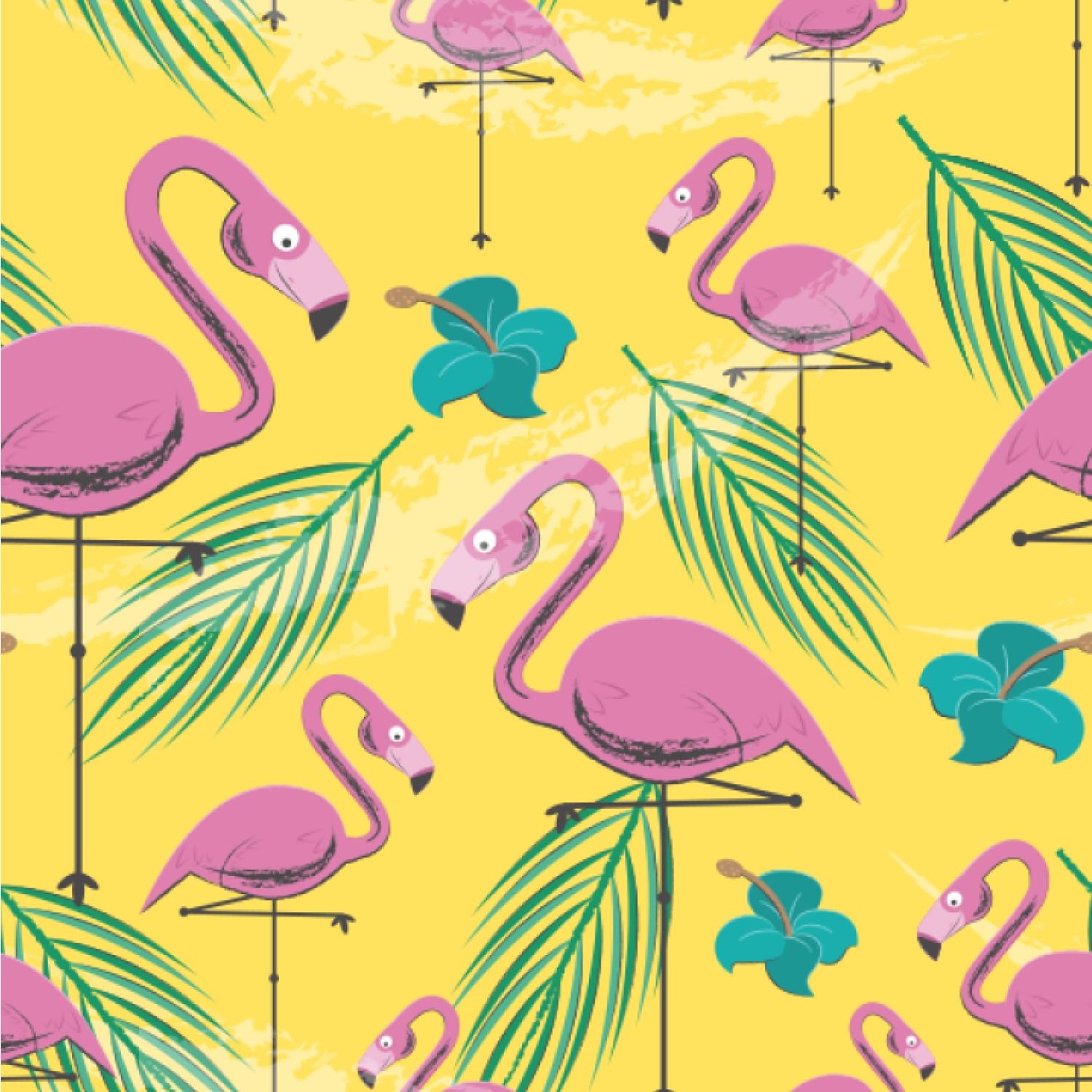 Pink flamingos with palm leaves on a yellow background - Flamingo