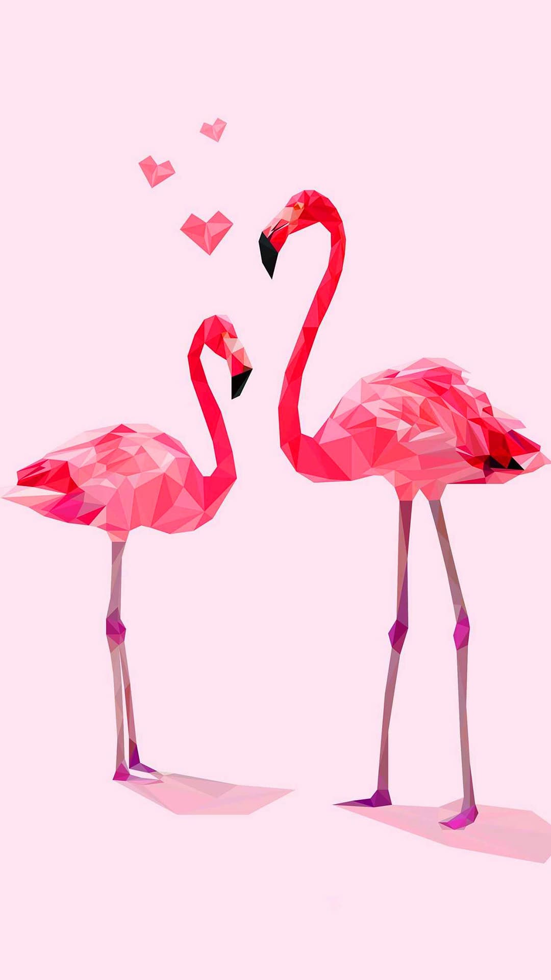 Two flamingos in love, one of them giving a kiss to the other, surrounded by hearts. - Flamingo