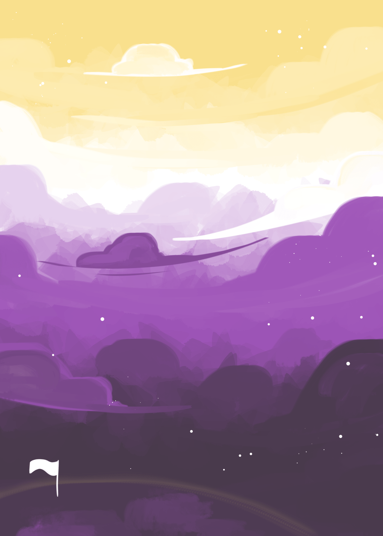 A purple and yellow landscape with a white flag in the foreground - Non binary