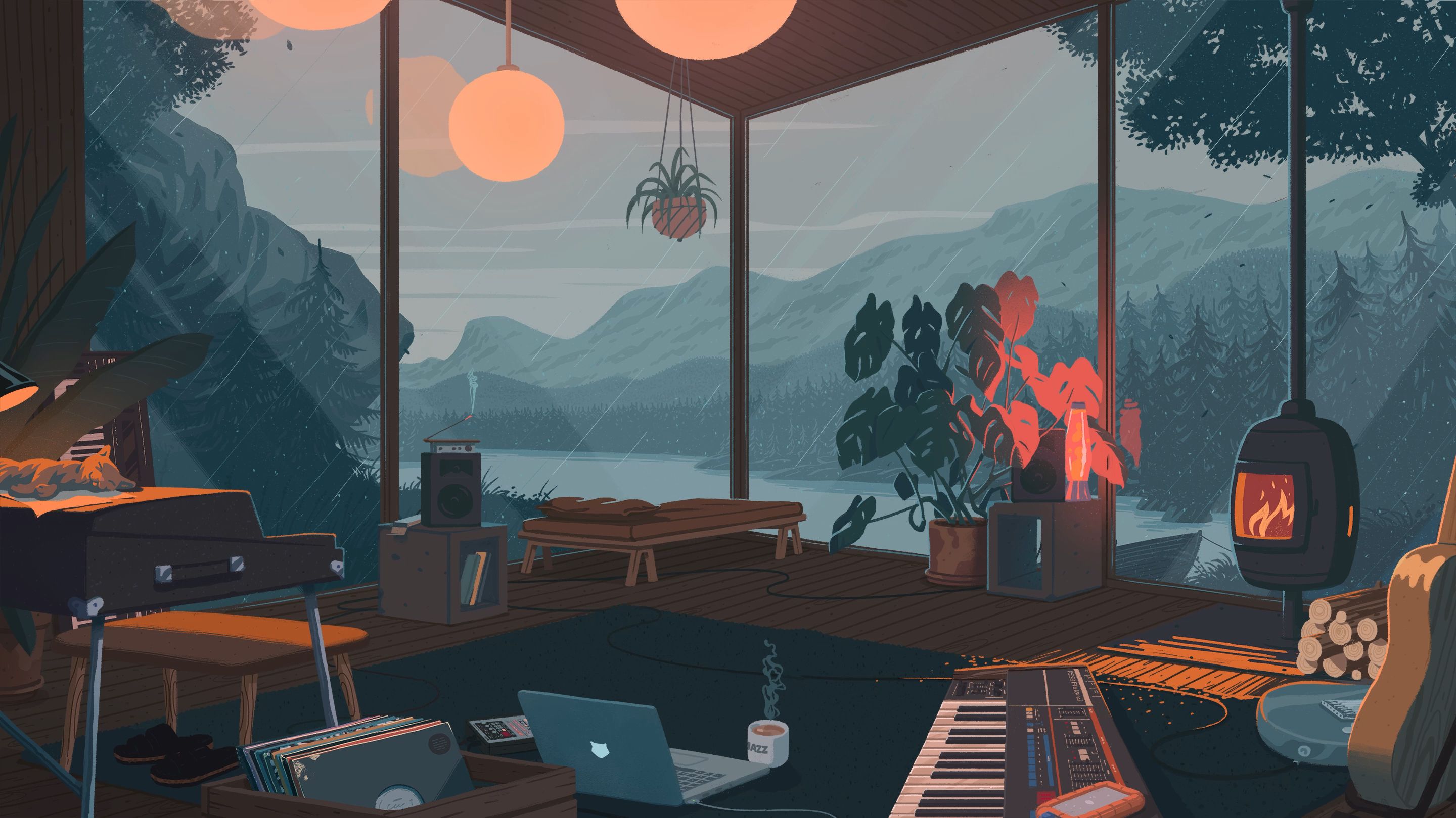 A digital illustration of a cozy room with a view of the mountains. - Piano