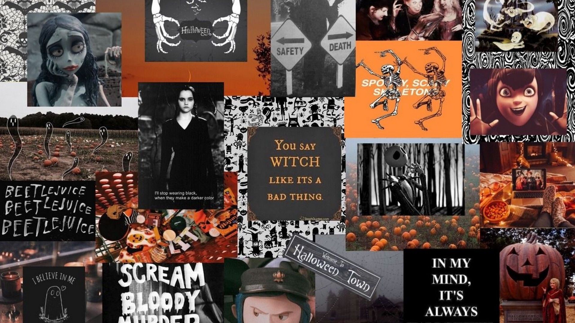 A collage of Halloween themed images including pumpkins, skulls, and witch images. - Halloween desktop