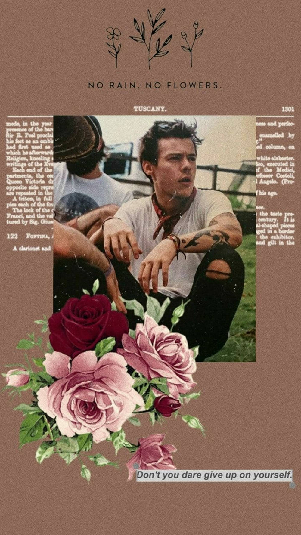 A collage of pictures with flowers and the words no rain, not for me - Harry Styles