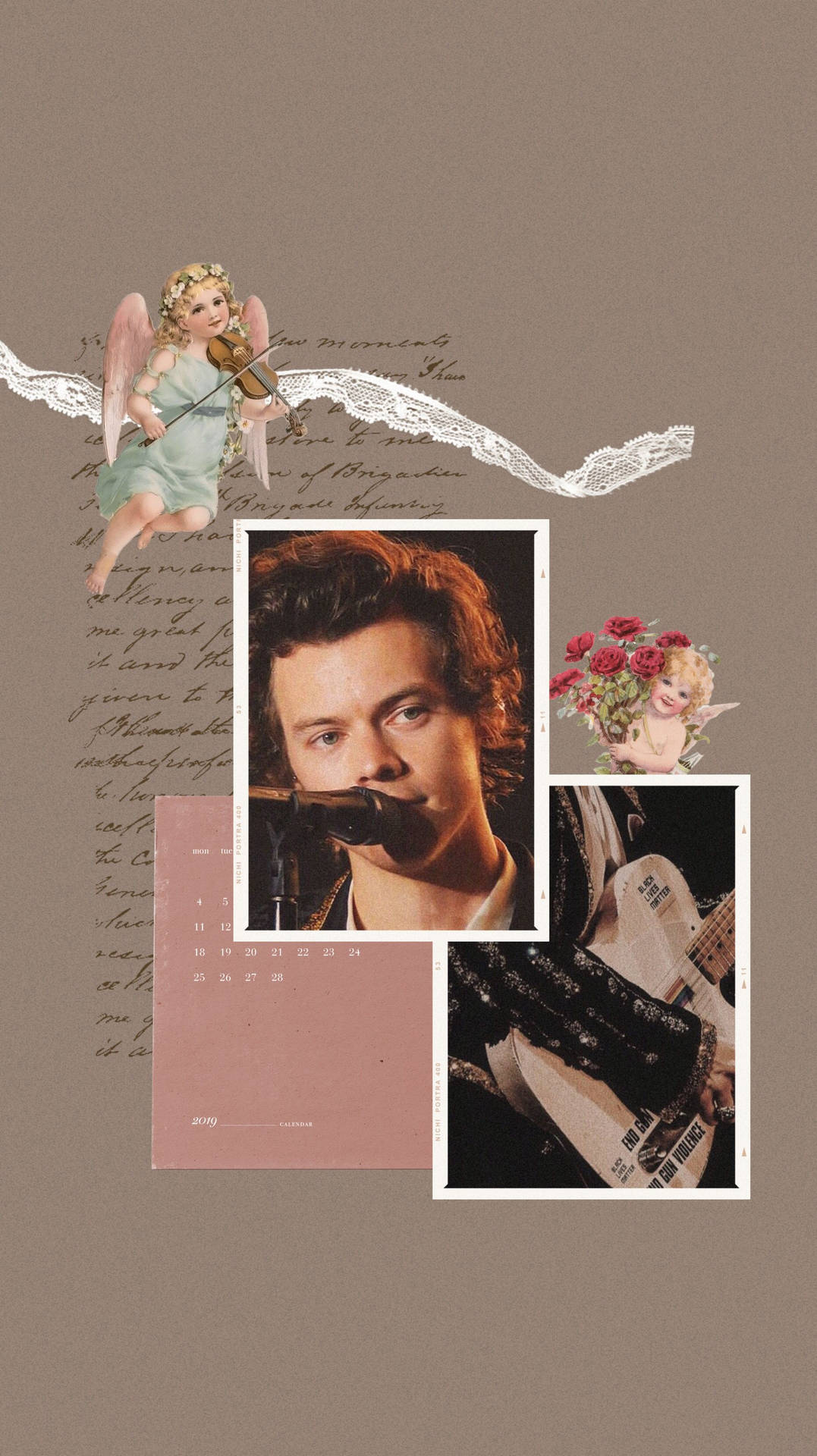 Collage of Harry Styles, angel, flowers, and guitar - Harry Styles