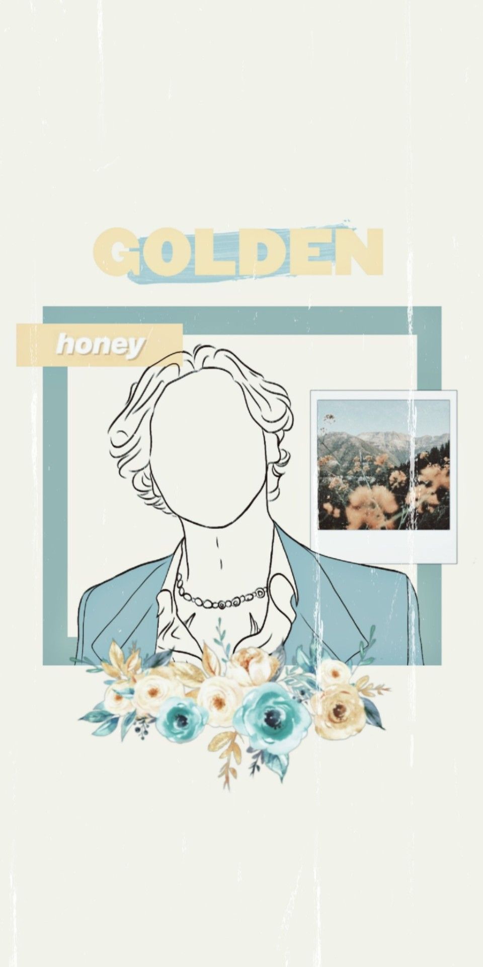 Harry Styles Golden aesthetic wallpaper with polaroid pictures of Harry and flowers. - Harry Styles