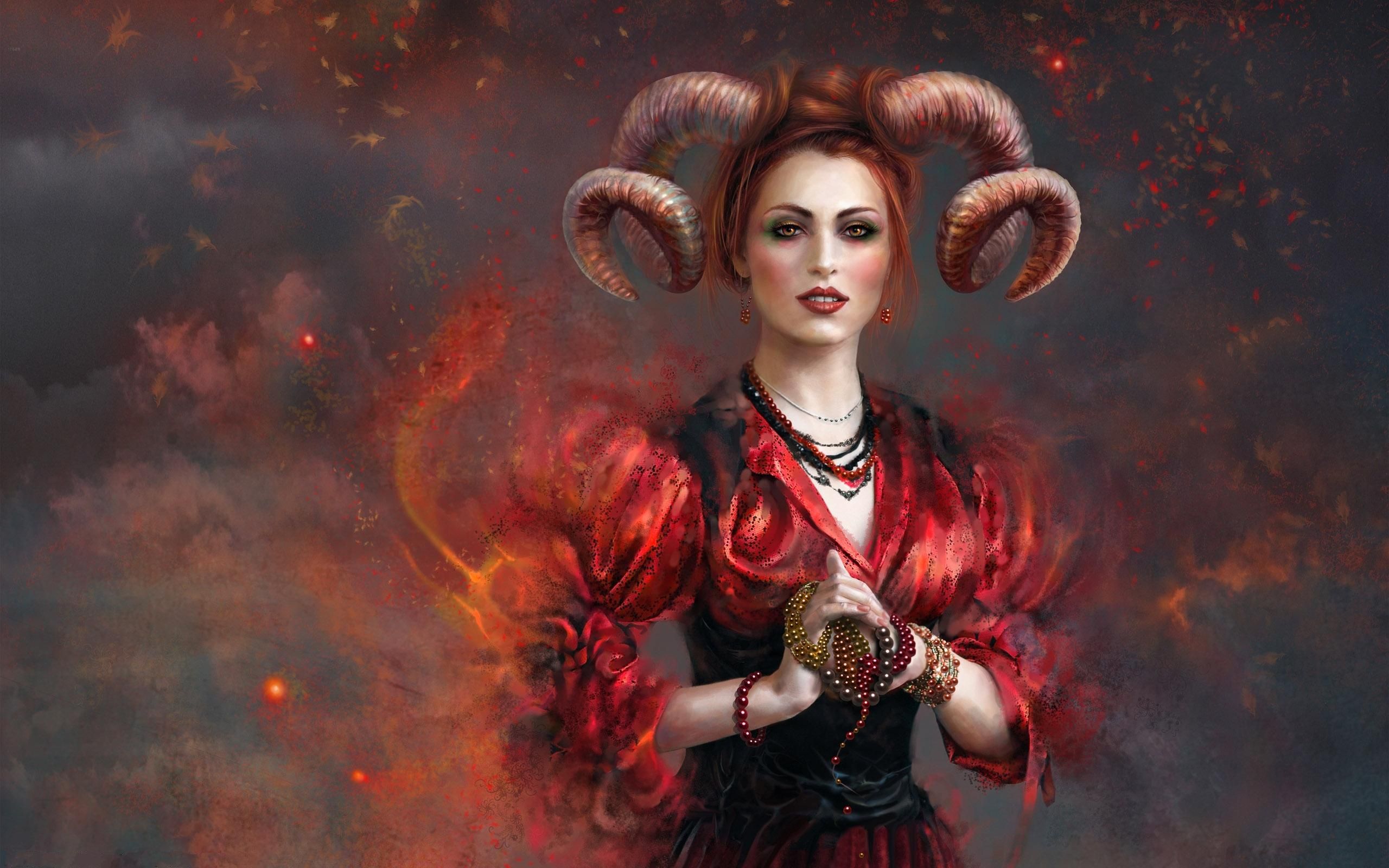 A woman with horns and red dress - Aries