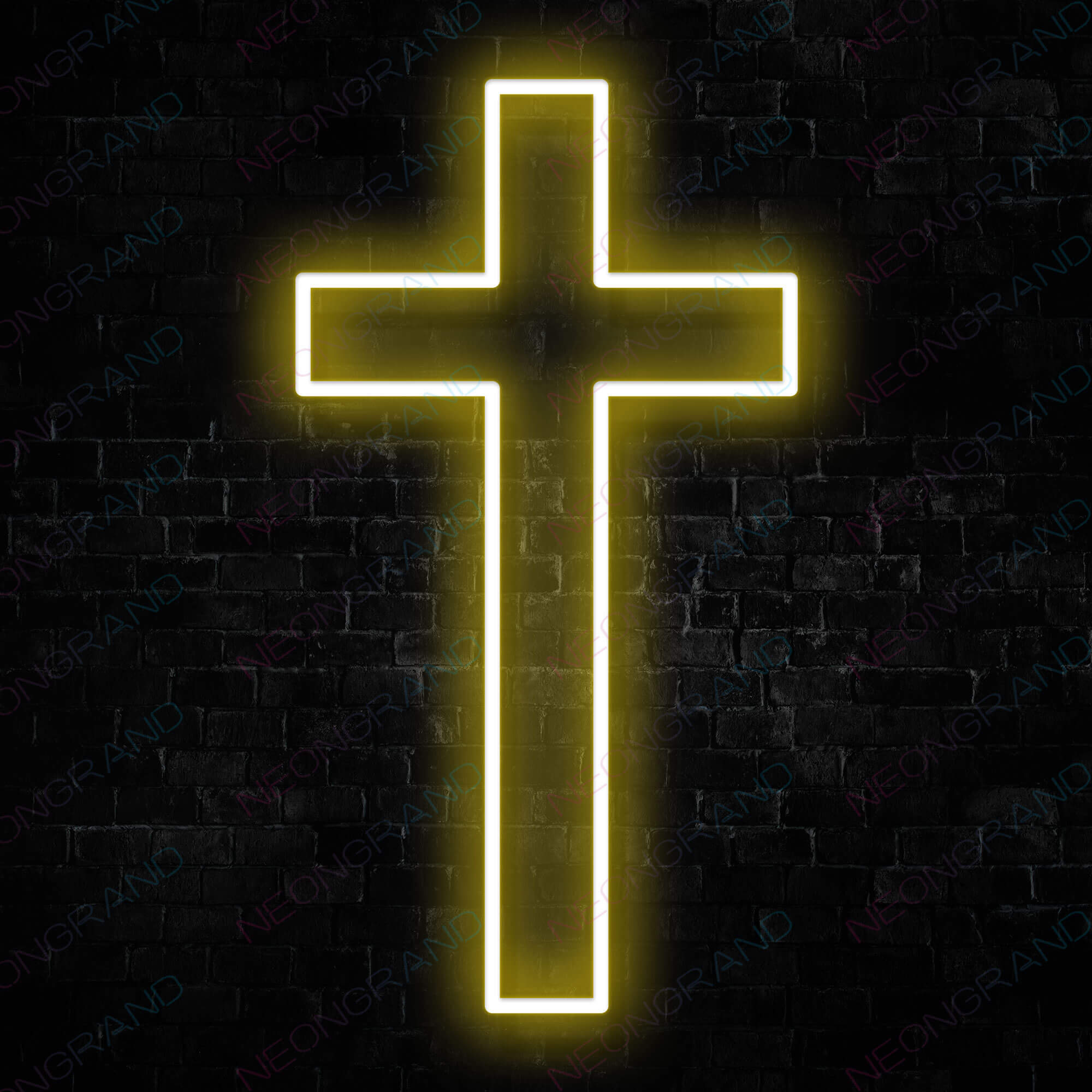 A neon cross on a brick wall - Cross