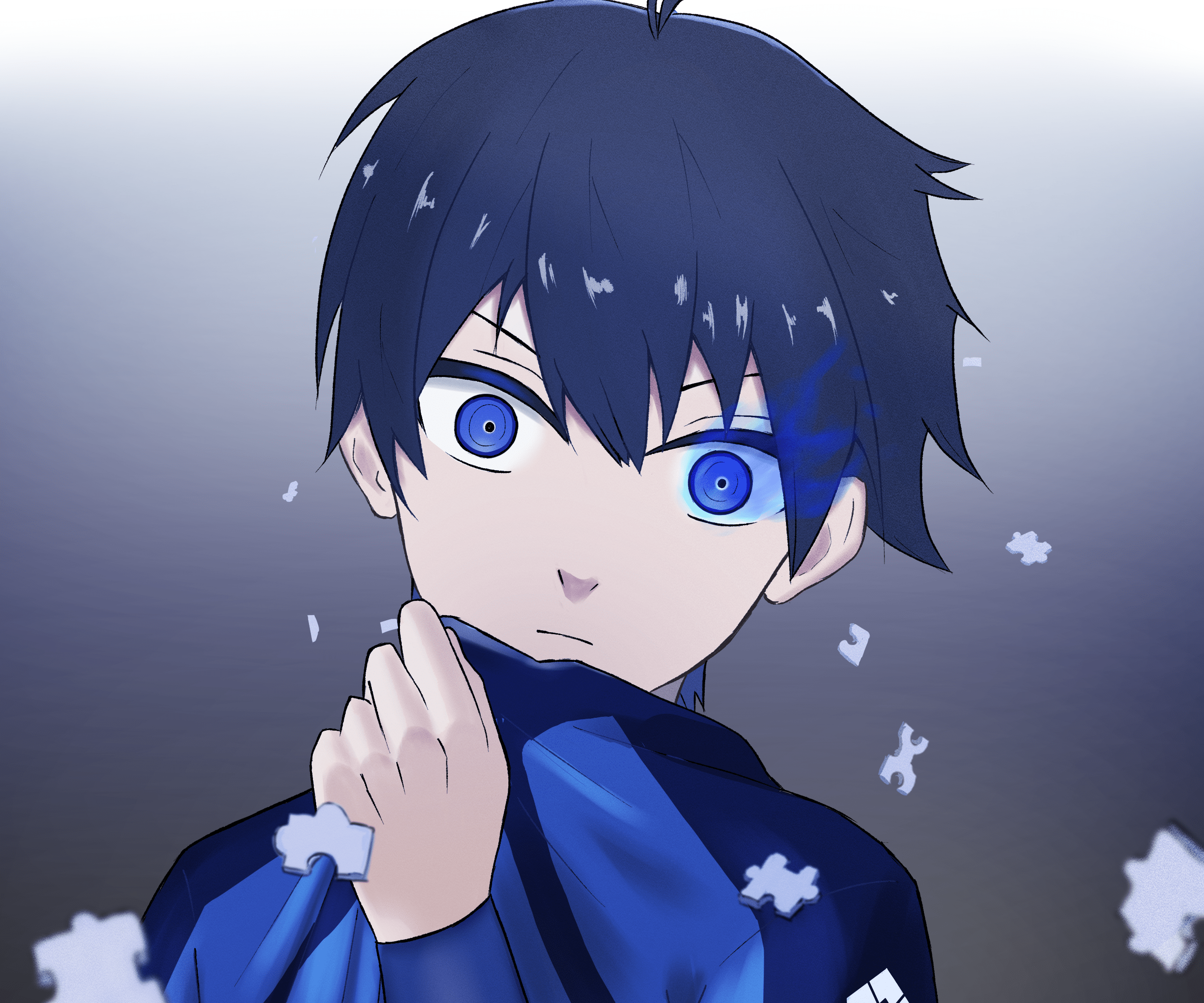 An anime character with blue eyes and black hair - Blue anime