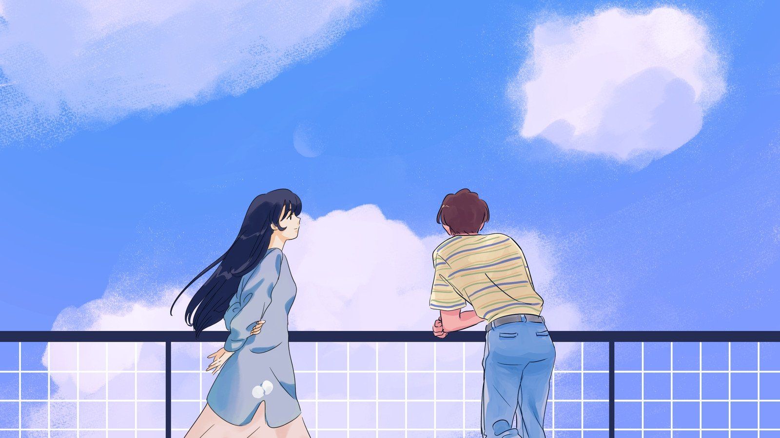 A couple of people standing on the sidewalk - Blue anime