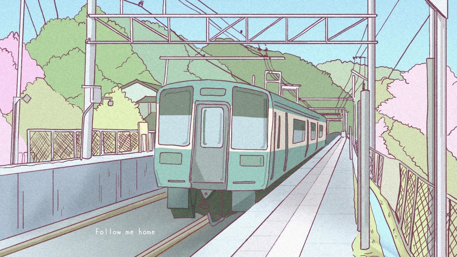 A train on the tracks in a Japanese station - Blue anime, anime