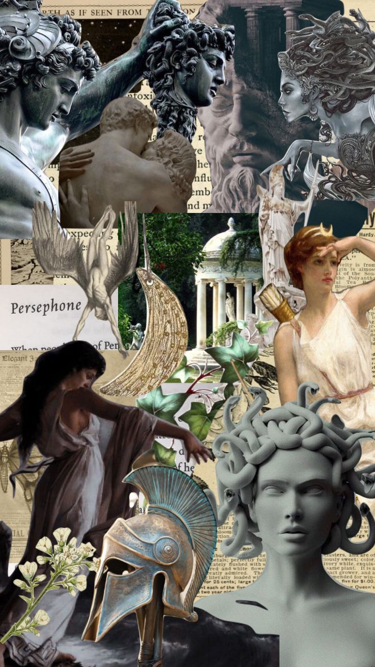 A collage of Greek gods and goddesses, including Persephone, Athena, and Medusa. - Greek mythology