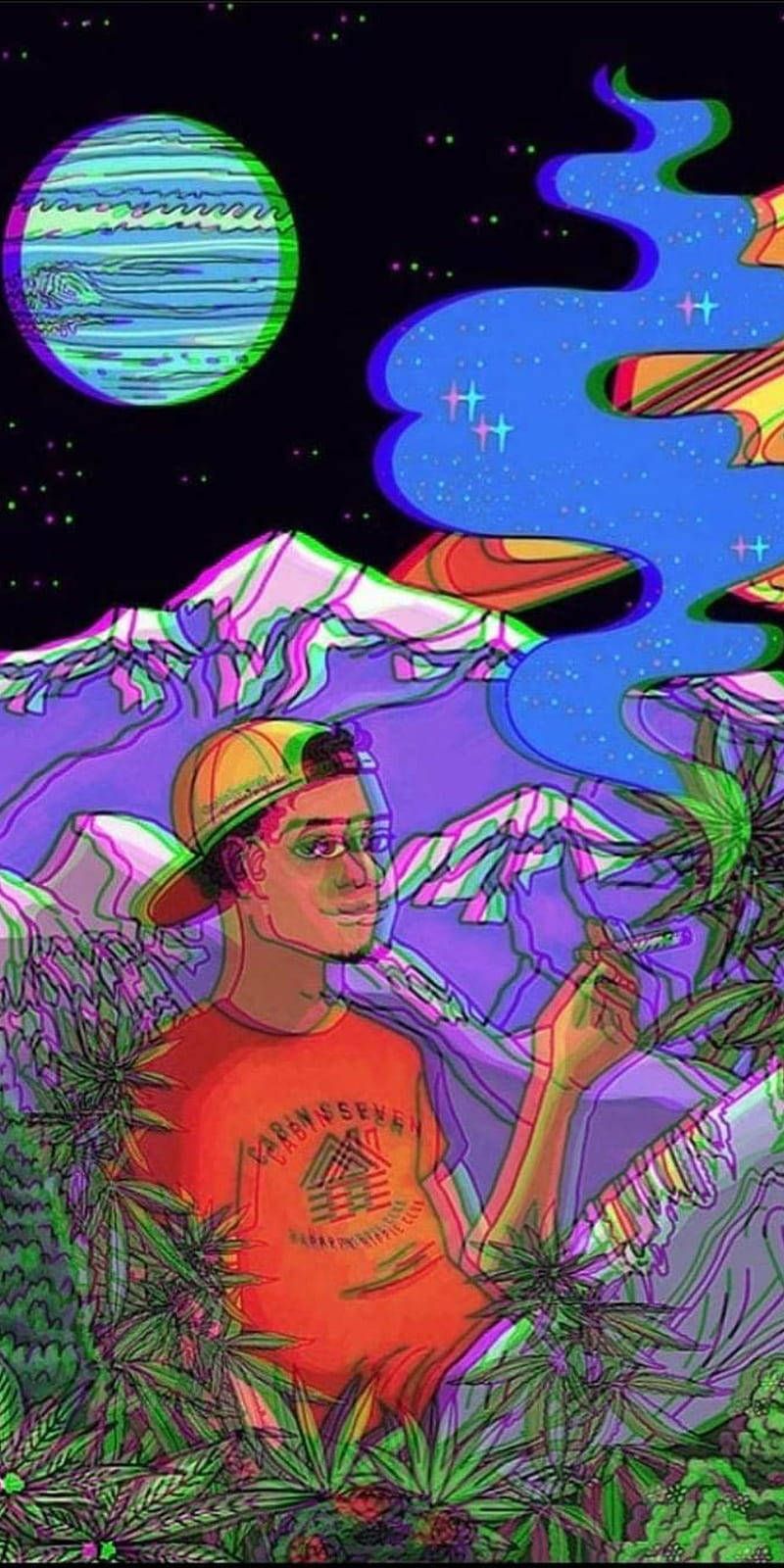 A trippy aesthetic background image of a man smoking in a field of weed - Trippy
