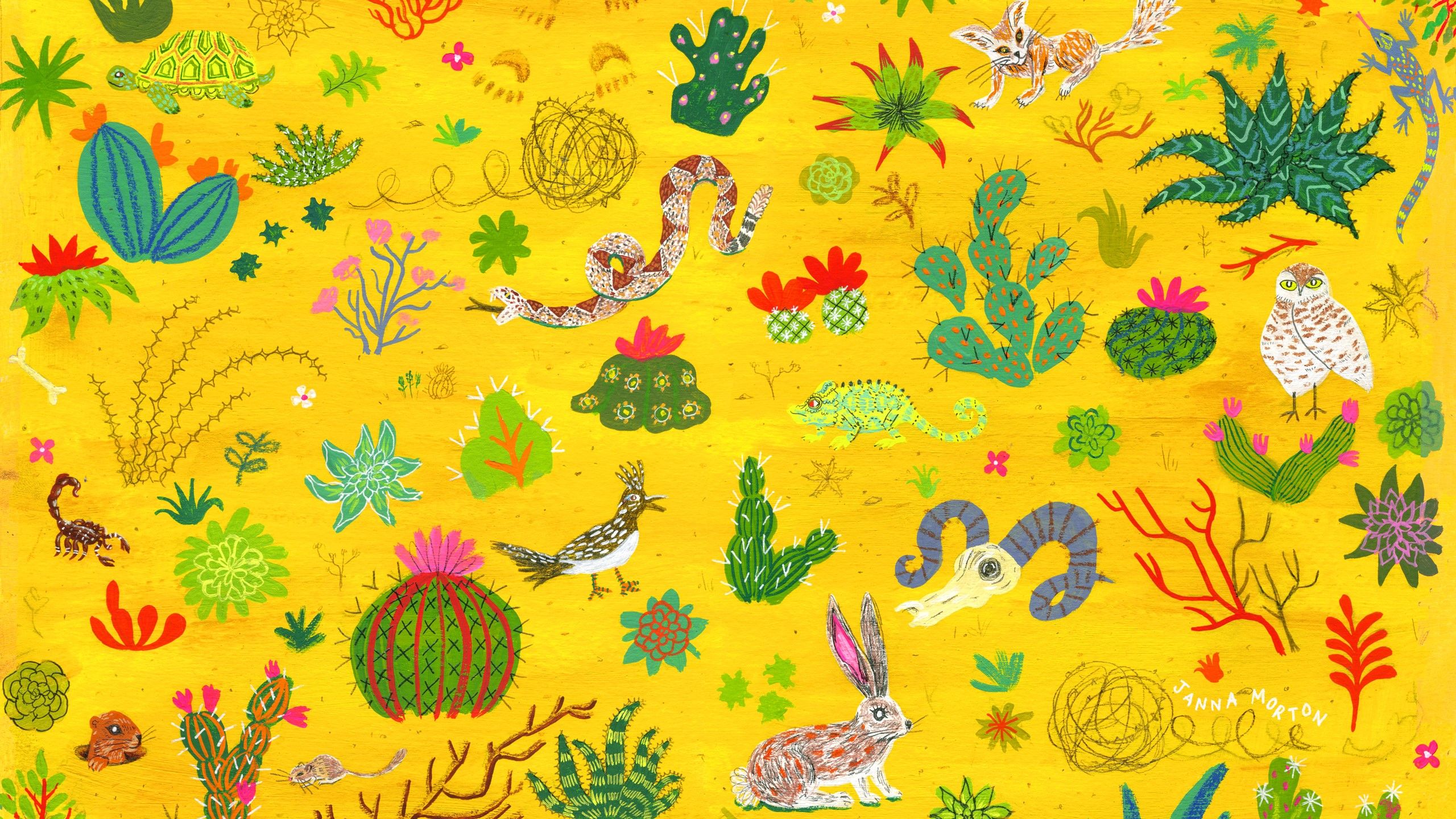 snake, scorpions, artwork, animals, rabbits, cactus, colorful Gallery HD Wallpaper