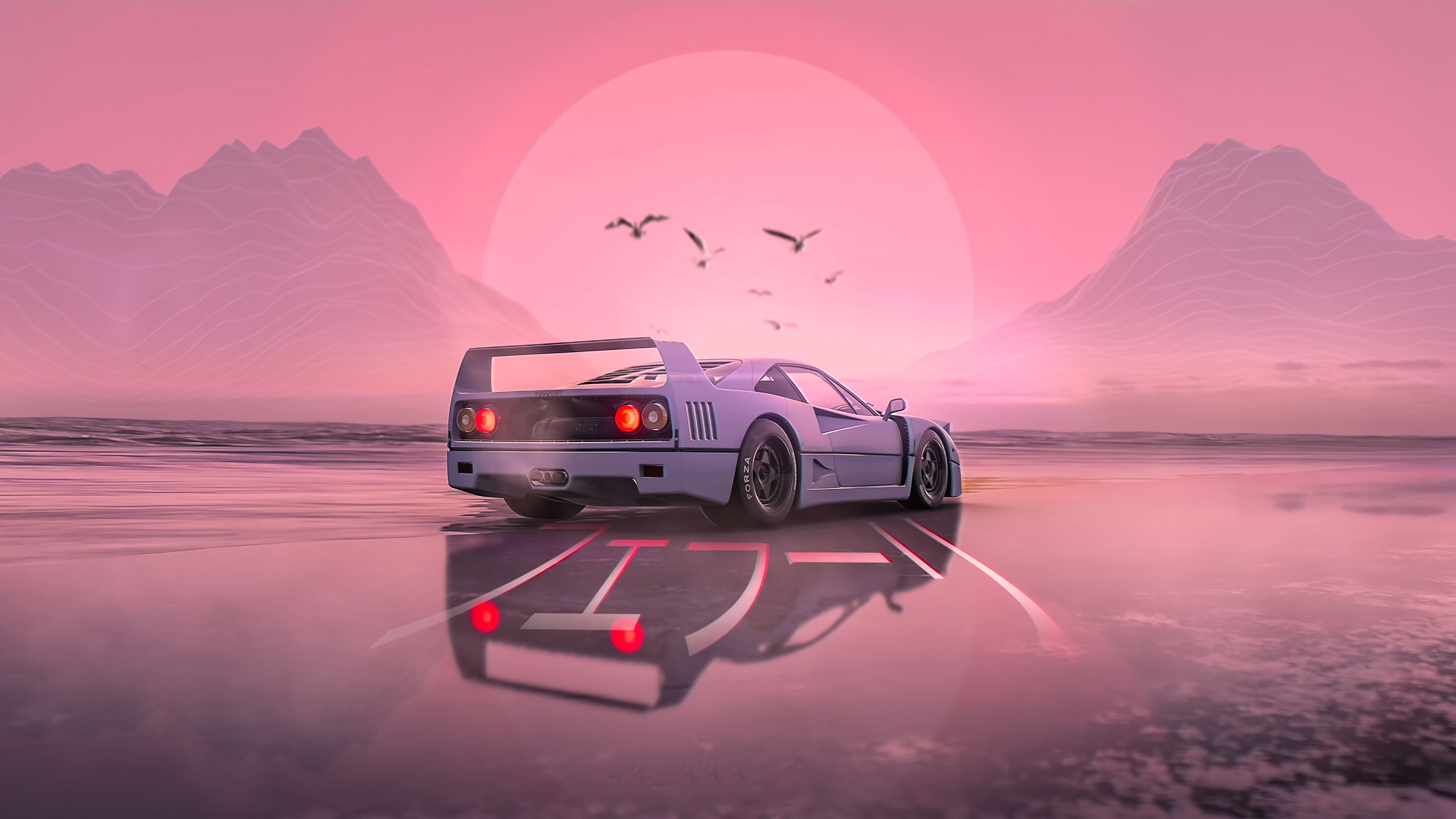 A car is driving on the beach - 3840x2160, cars, JDM, 80s, pink anime