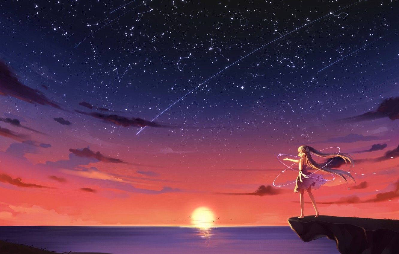 Wallpaper the sun, dawn, magic, horizon, girl, rock, constellation, art, starry sky, Starfall, Mor, KyuriTizu image for desktop, section прочее