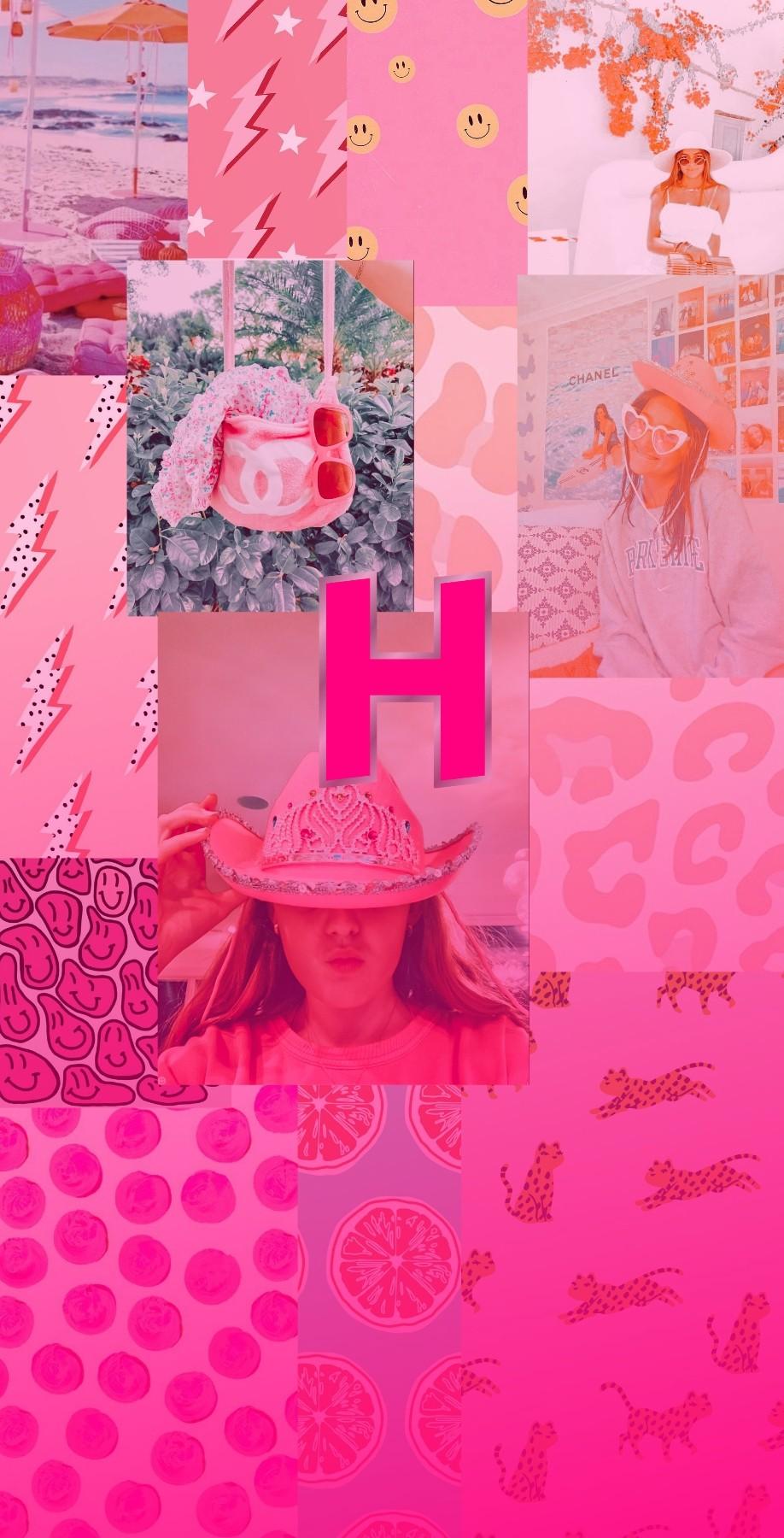 A collage of pink and orange images including a girl in a pink hat, a bag with the letter H on it, and various fruit images - Preppy
