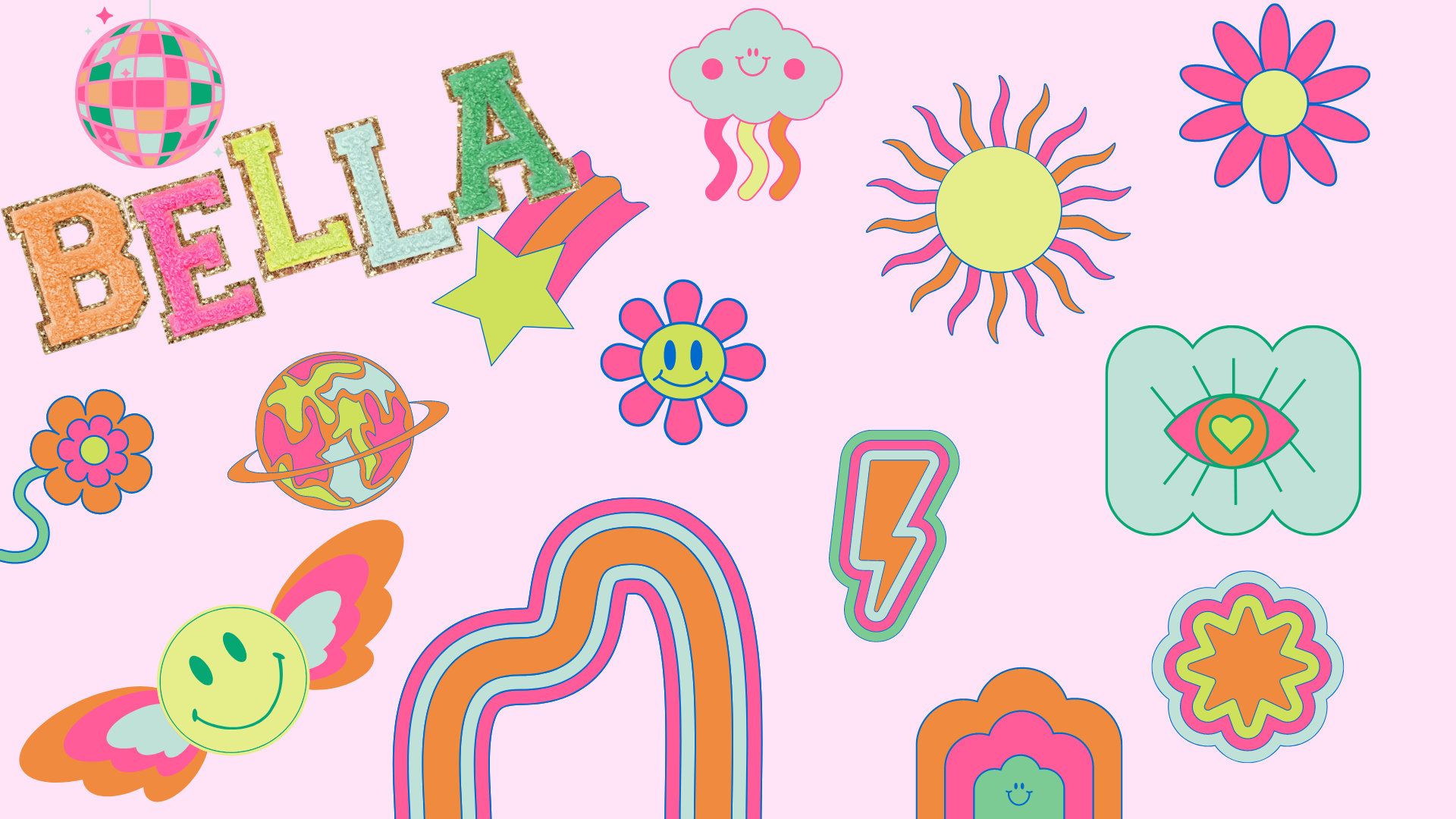 A pink background with groovy designs including flowers, lightning bolts, stars, and the name Bella. - Preppy