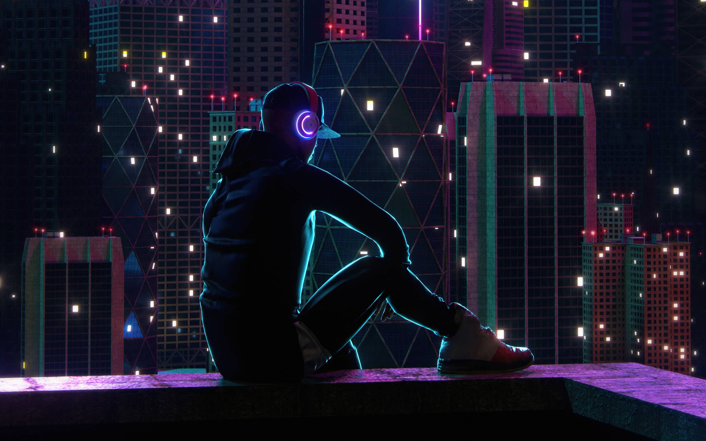 A man wearing headphones sits on a ledge in front of a cityscape - Neon