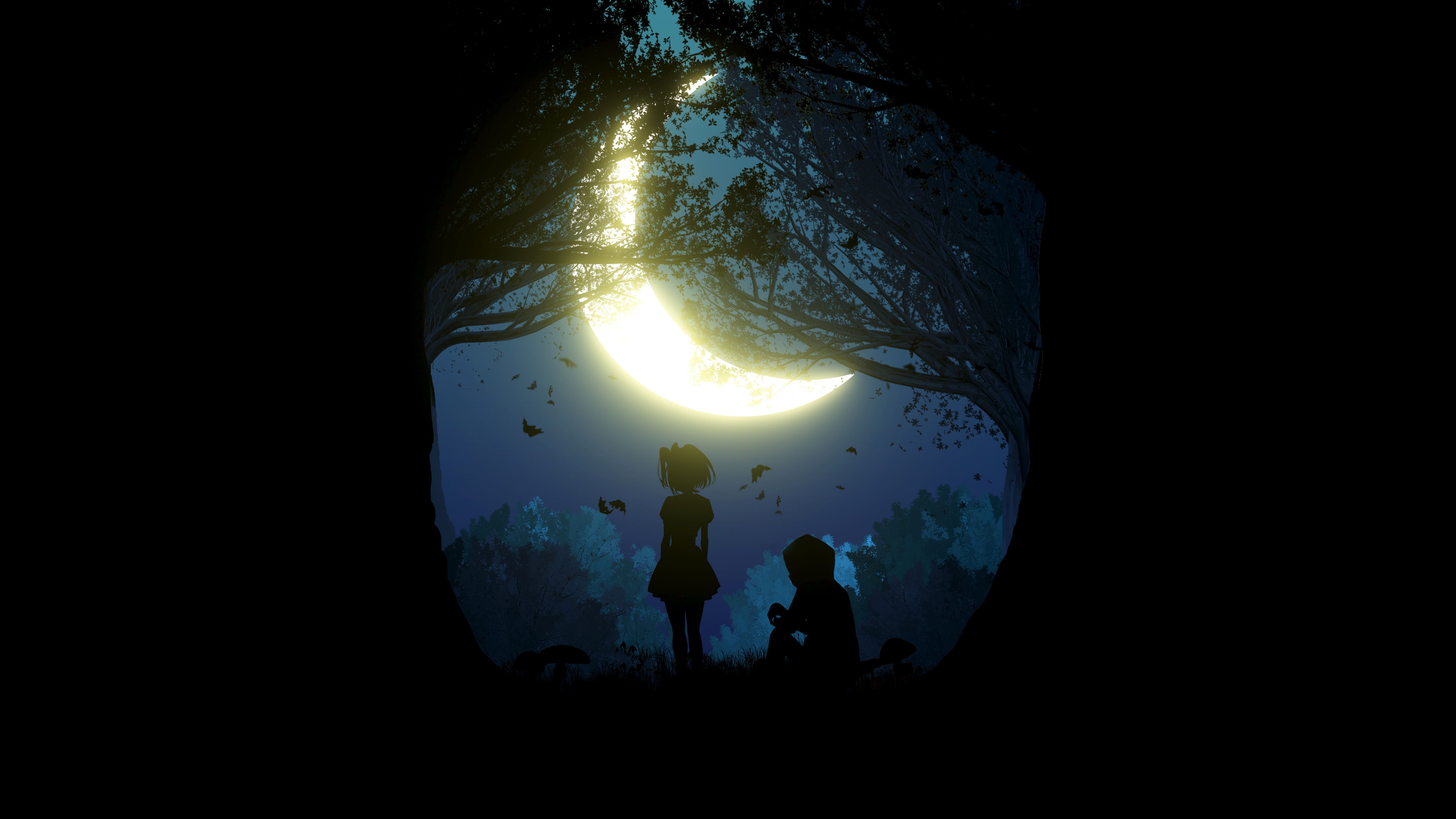 A couple of people sitting under the moon - Black, dark anime