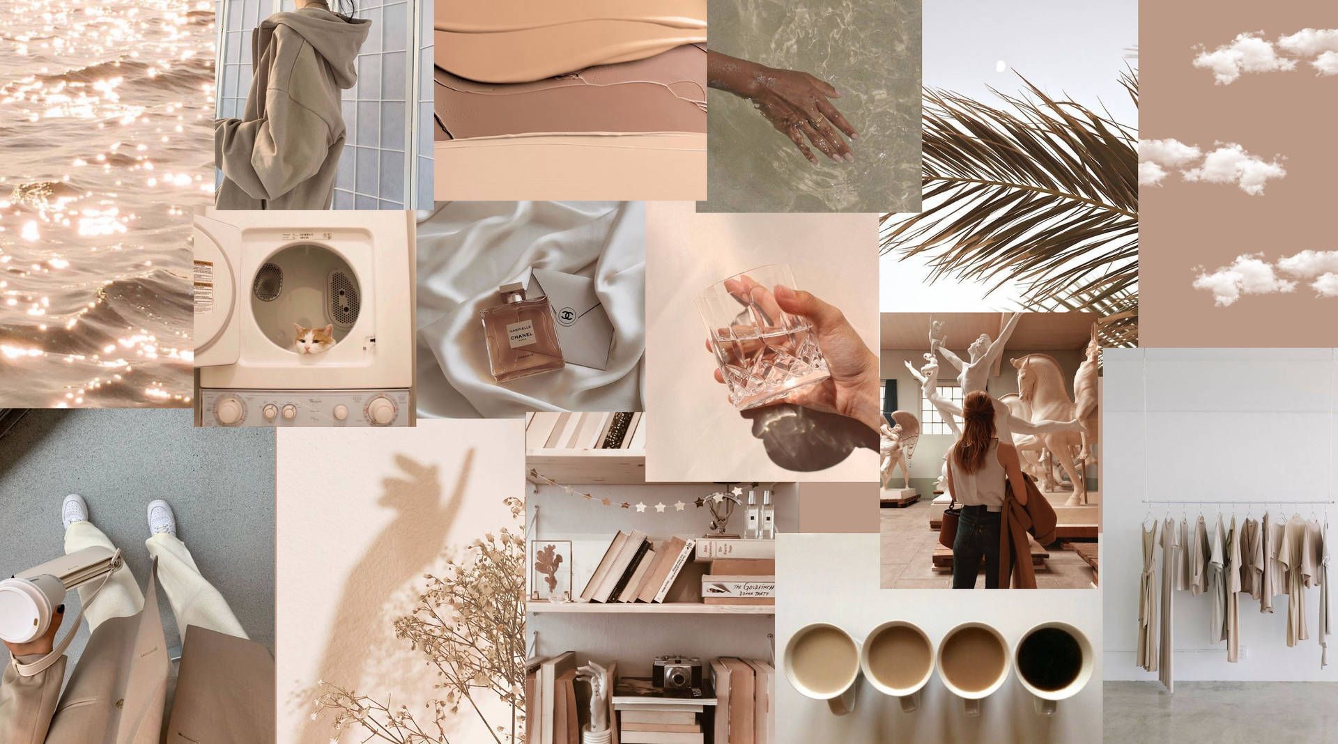 A collage of photos in neutral tones, including beige, brown, and white. - Beige, collage, makeup
