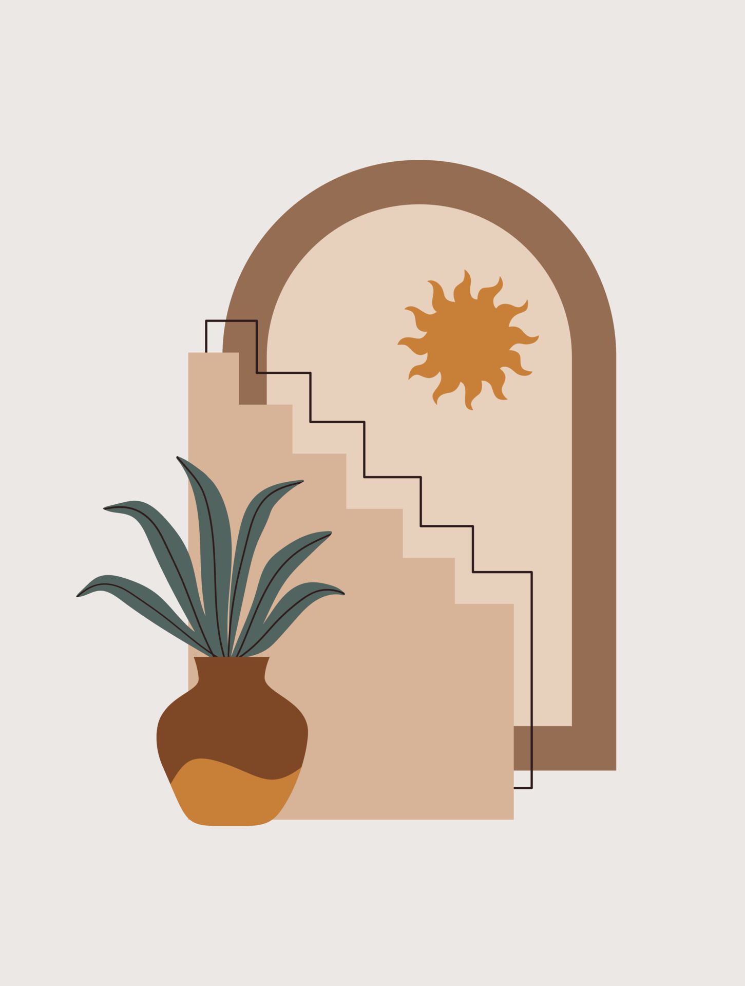 A digital drawing of a vase with a plant, a set of stairs, and a sun - Abstract, plants, boho, modern