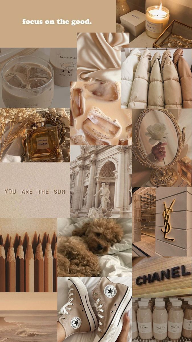 Aesthetic collage with beige and brown tones, white converse, chanel, and a candle. - Beige