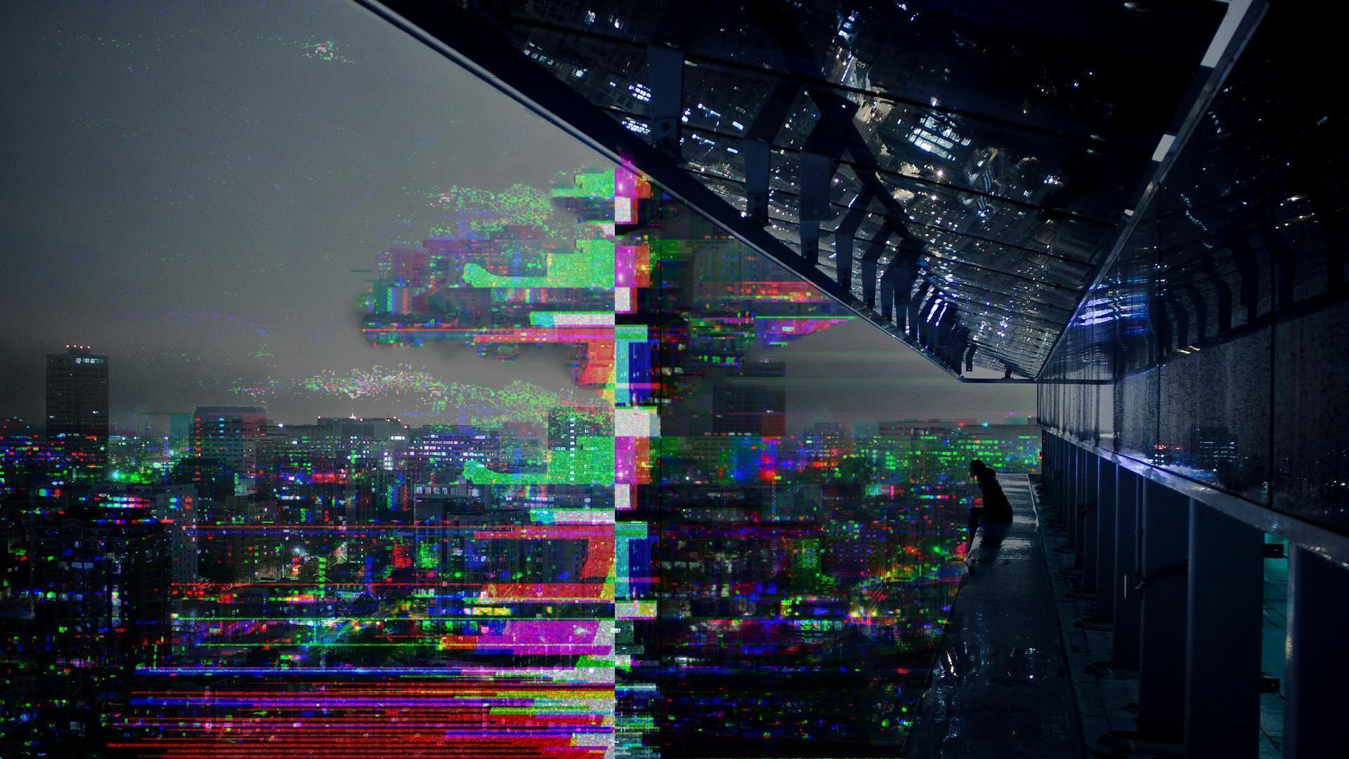 A city skyline with colorful buildings and lights - Glitch, depressing