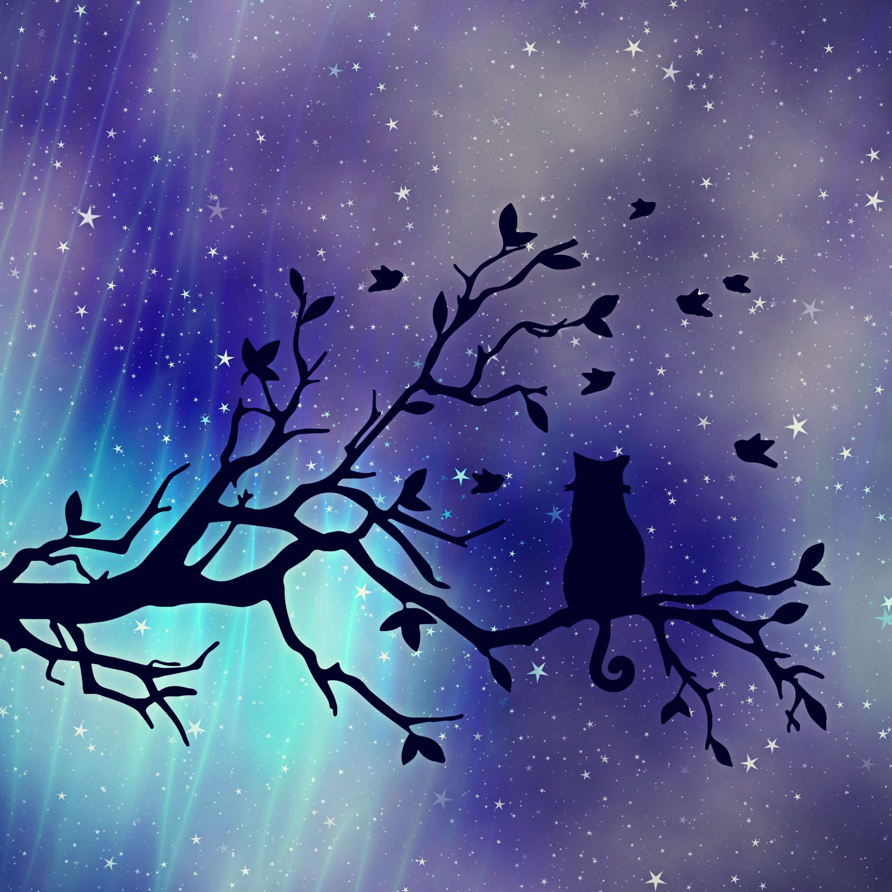 aesthetic, animal, atmosphere, background, birds, blue, cat, composing, decorative, digiart, evening sky, mood, night sky, star, starry sky, texture, tree, turquoise Gallery HD Wallpaper