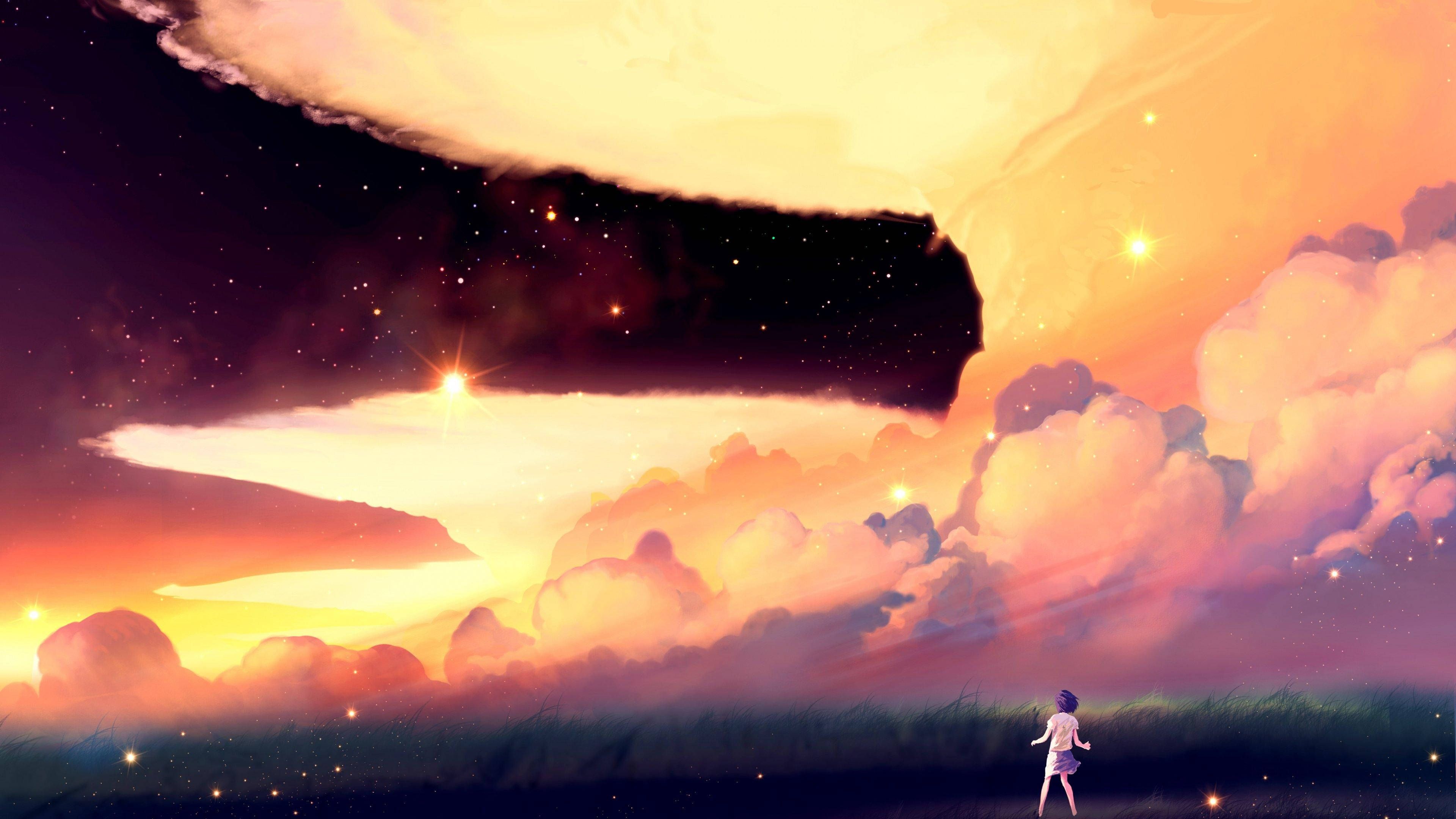 The boy is standing on the hill and looking at the stars - 3840x2160, anime sunset