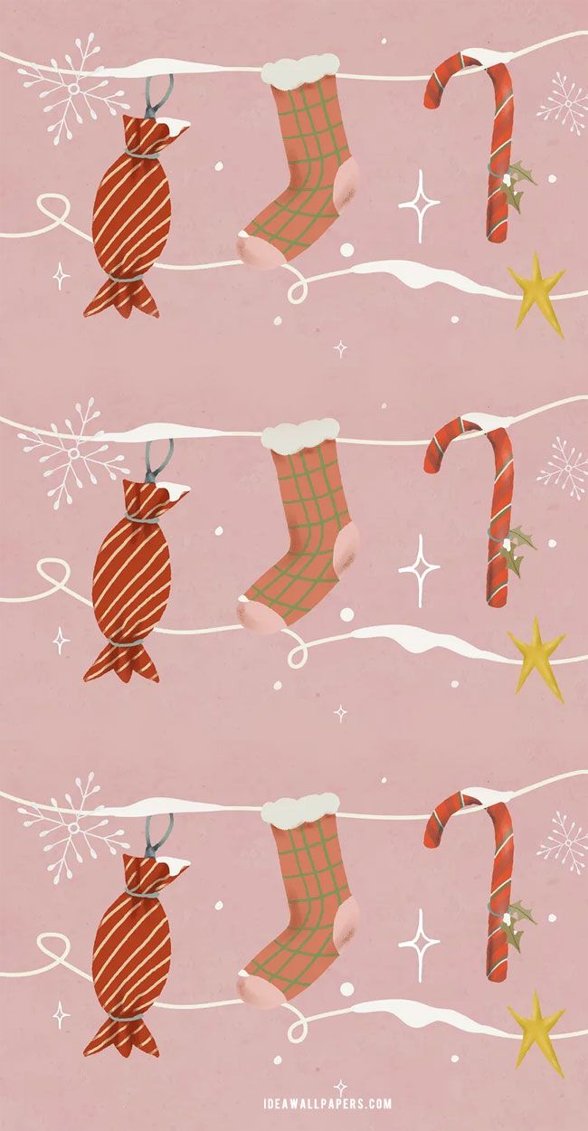 A cute Christmas phone background with candy canes, stockings, and fish. - Christmas, candy
