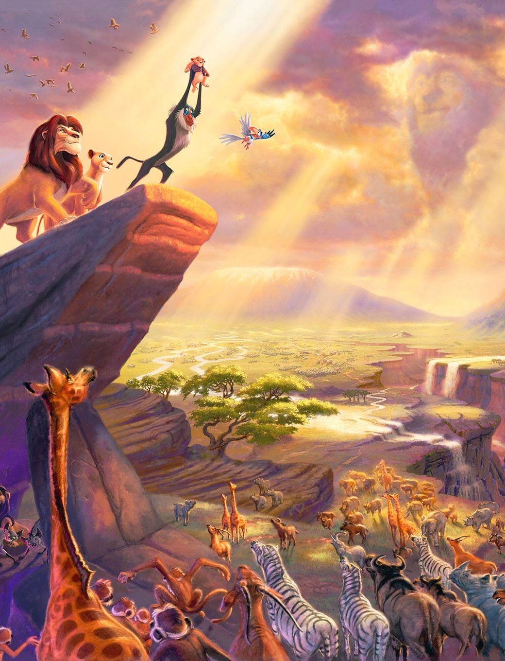The Lion King artwork featuring Simba, Nala, and Timon and Pumbaa overlooking the Pride Lands. - The Lion King