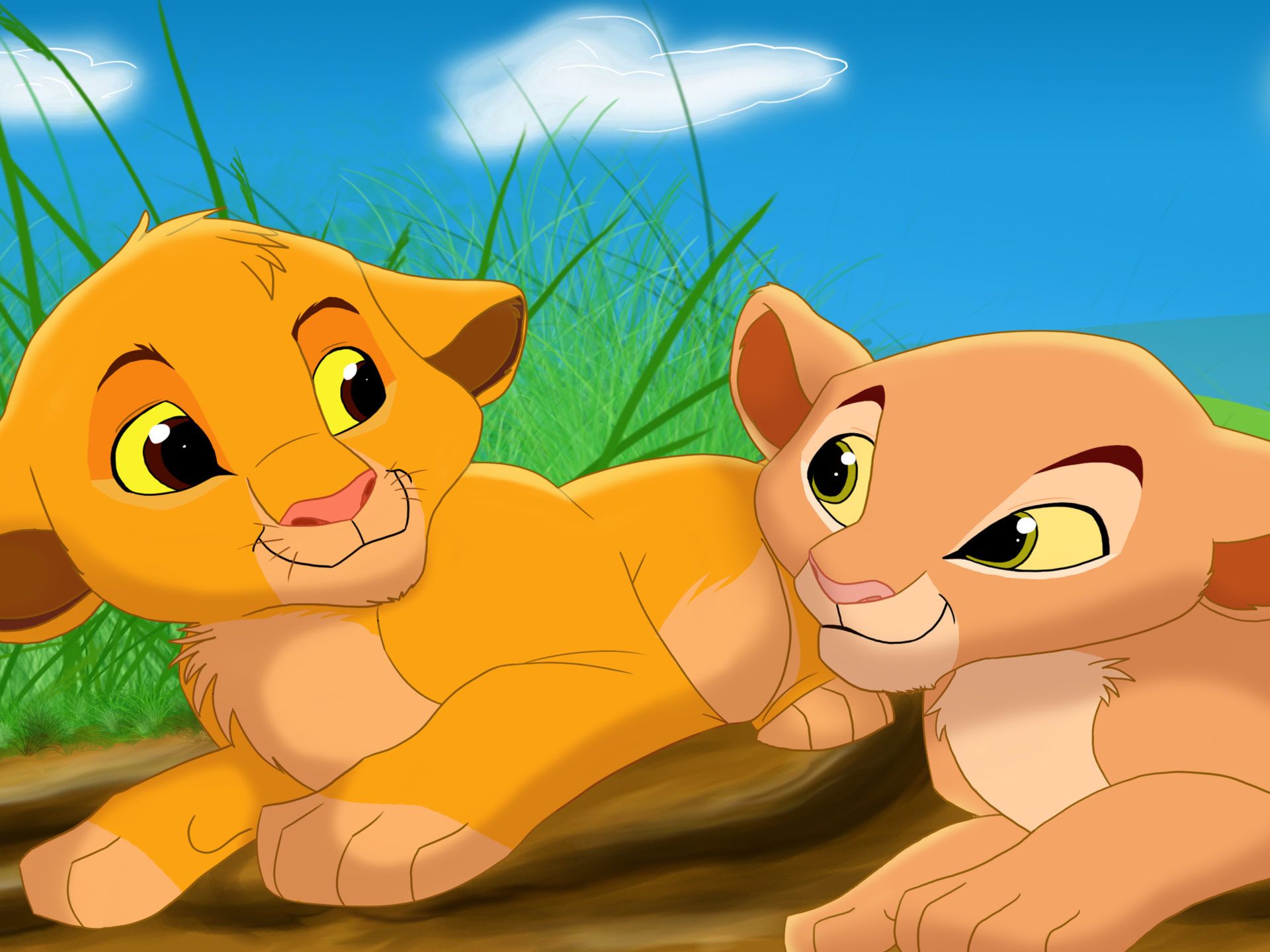 A cartoon of two lion cubs sitting together - The Lion King
