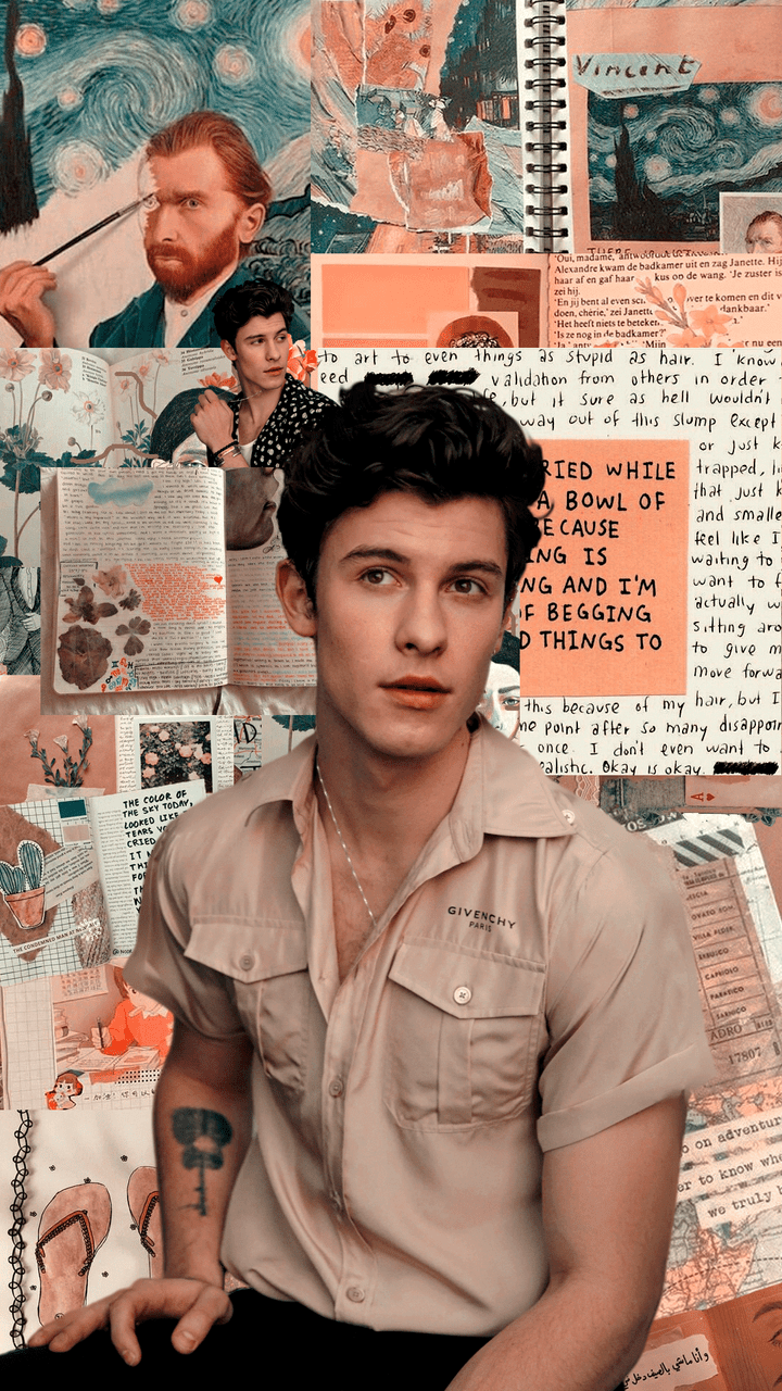 A man sitting on the floor with many pictures around him - Shawn Mendes