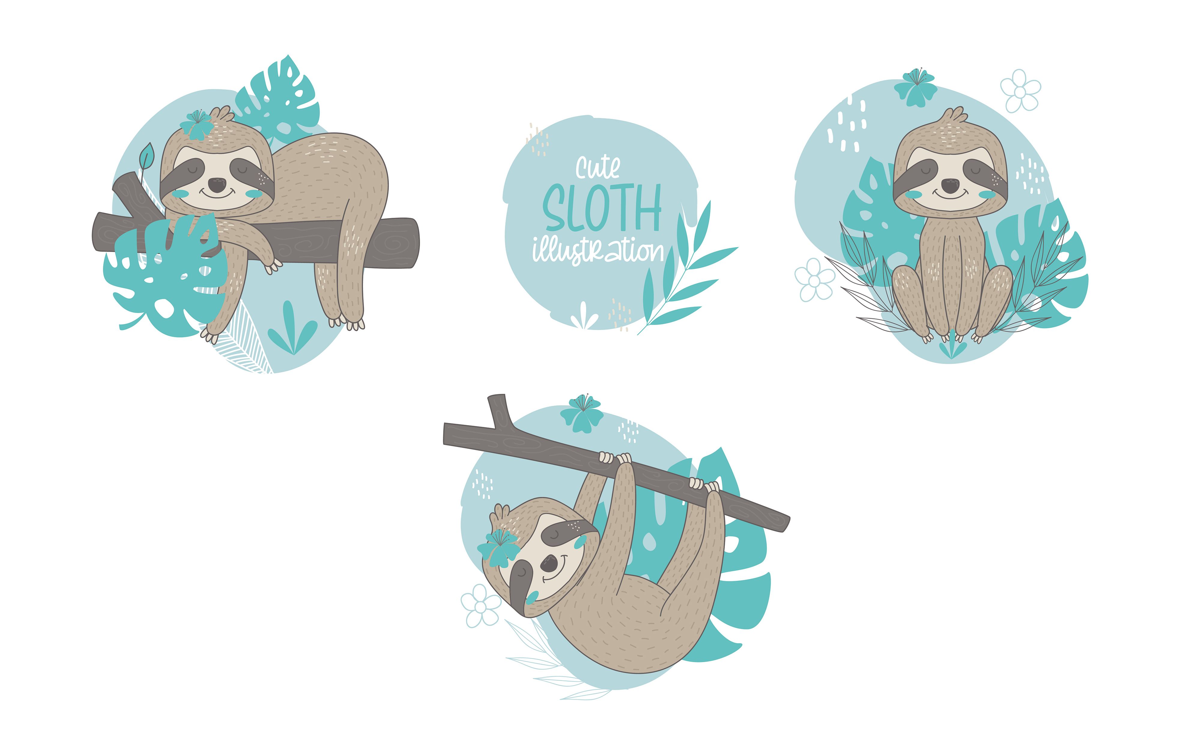 Set of illustrations with cute sloths on the branches of trees - Sloth