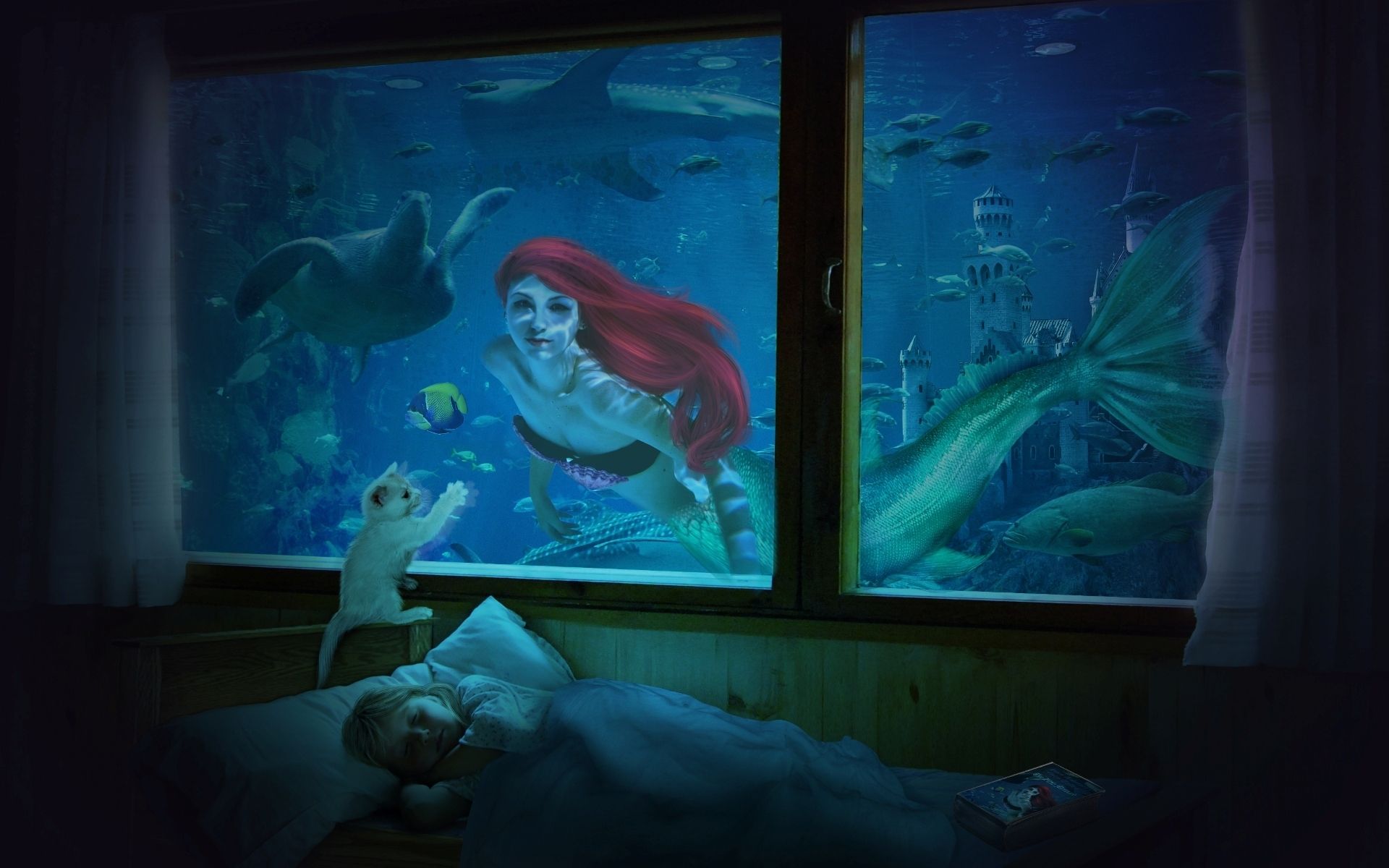 A little girl is sleeping in her bed - Ariel, mermaid