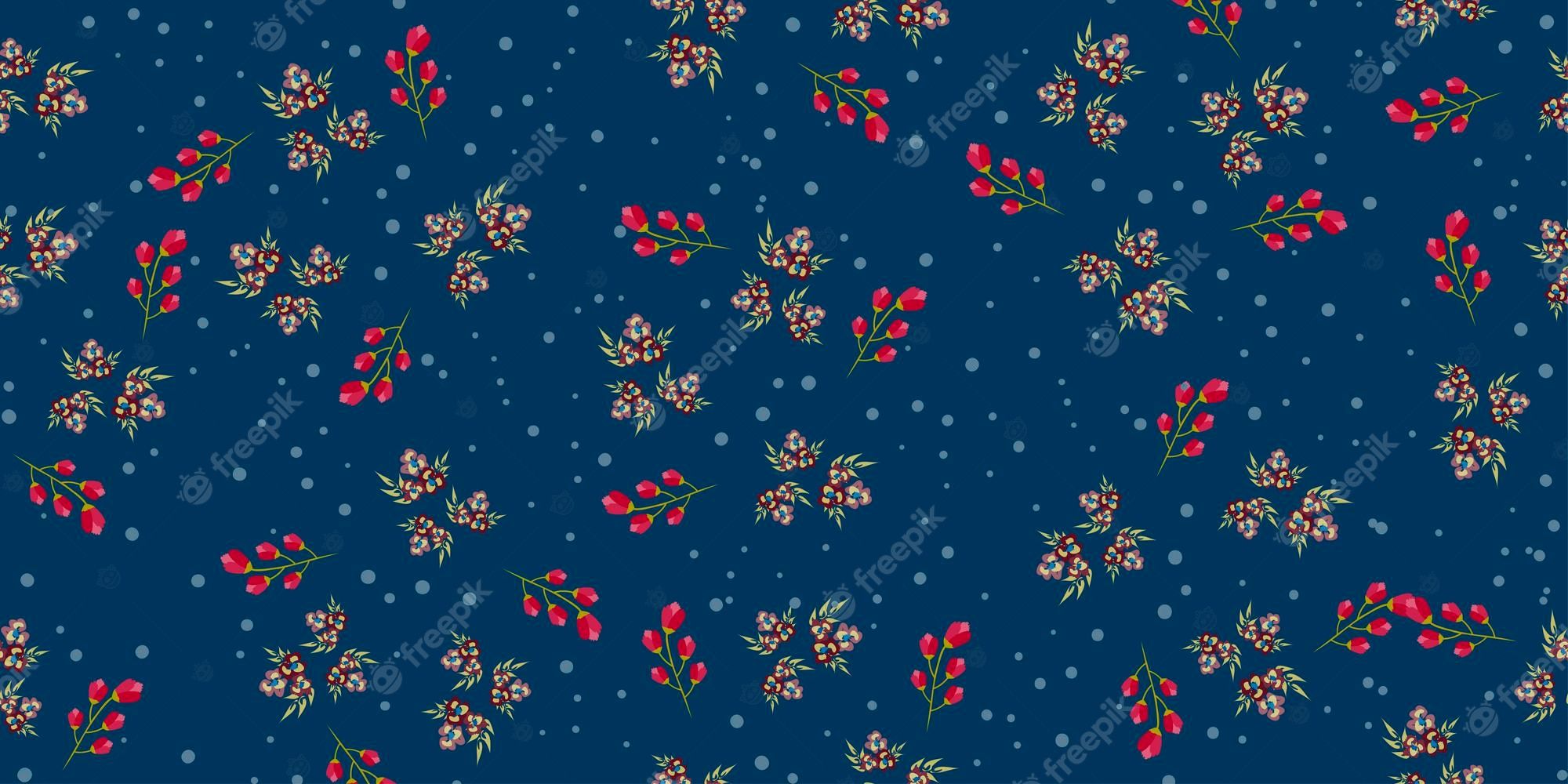 Pattern with red flowers on a blue background. - Bling