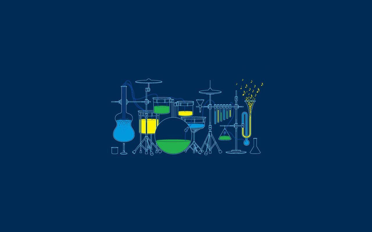 A blue background with a white outline of a drum kit. The drum kit is filled with green and yellow liquid. There is a trumpet on the right hand side and a guitar on the left hand side. There is a music note coming out of the trumpet. - Chemistry