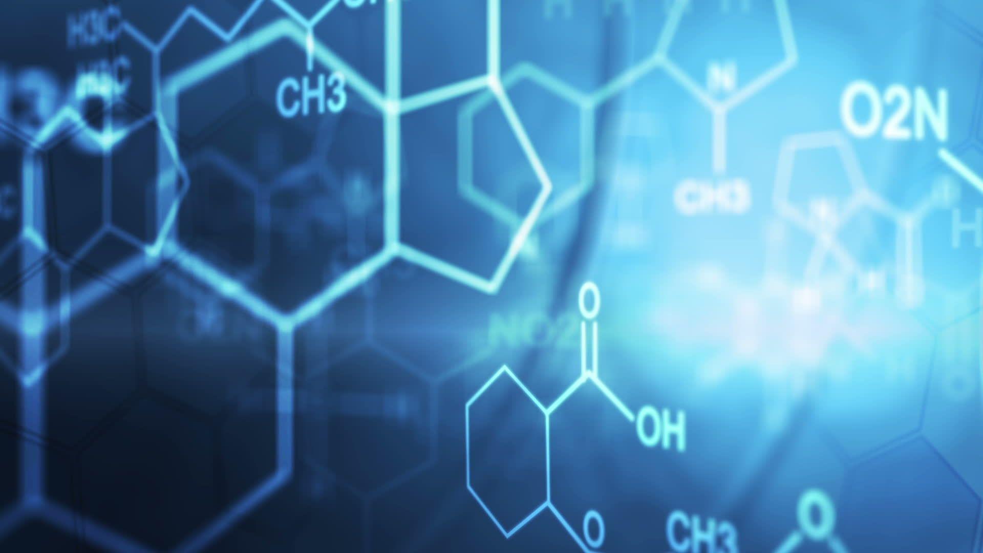 A blue background with molecules and chemical symbols - Chemistry