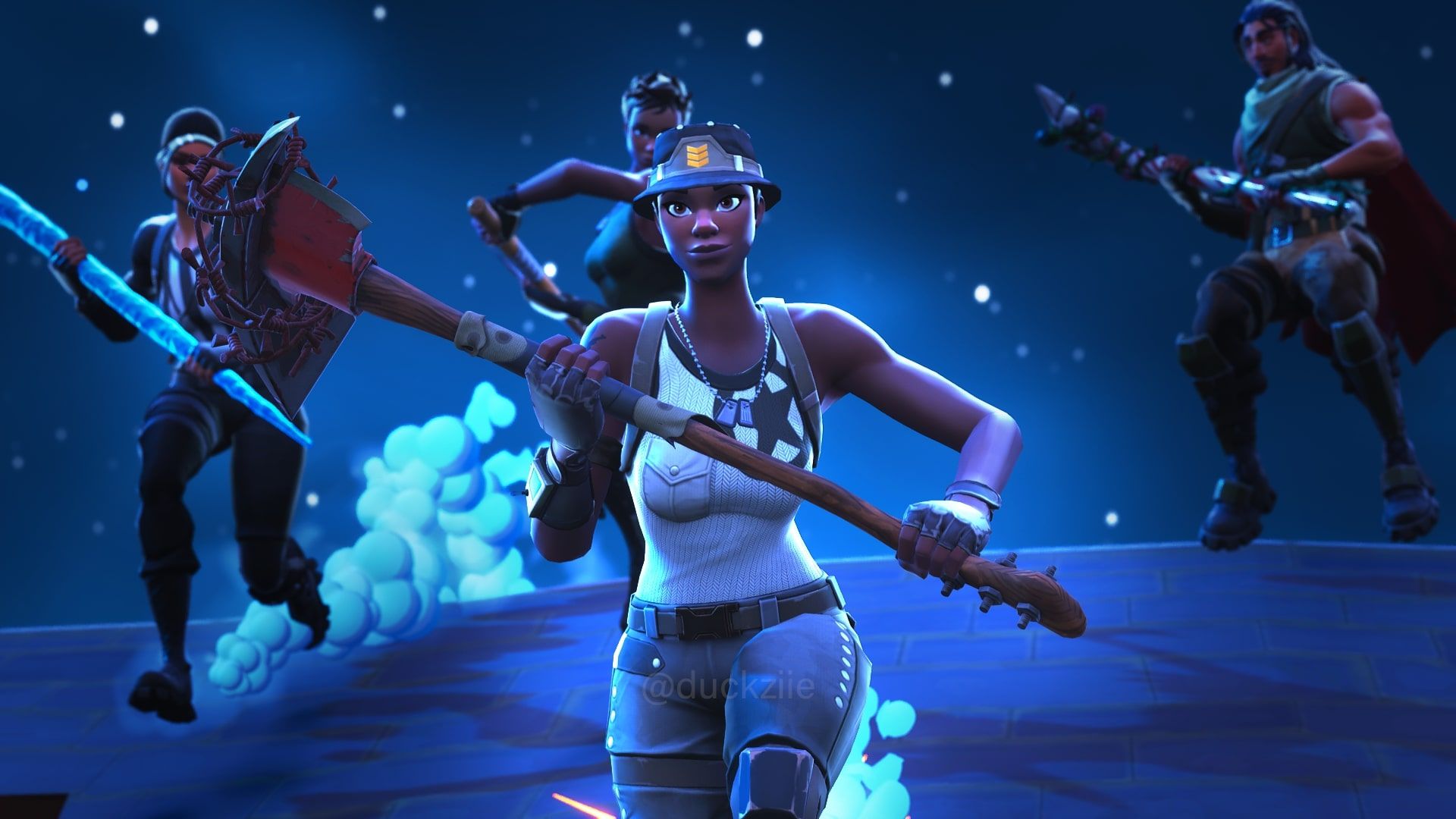 Fortnite characters in the background of a blue night sky - Fortnite