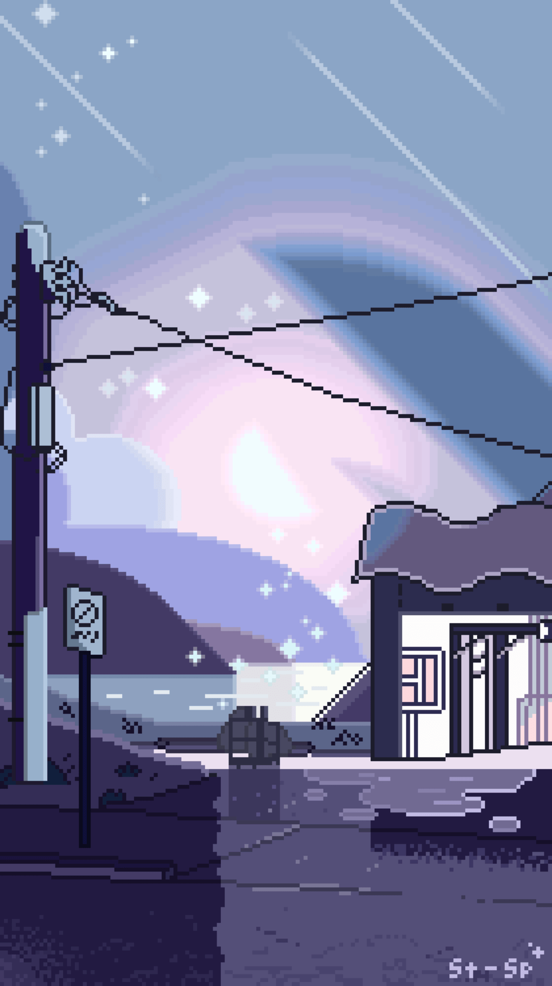 Pixel art of a street with a shop and a telephone pole - Steven Universe