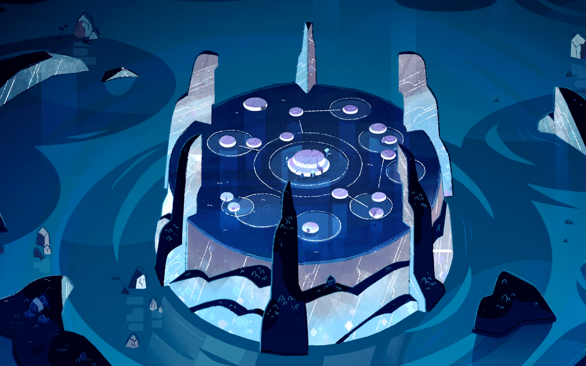 An illustration of a blue ice castle with many different objects - Steven Universe