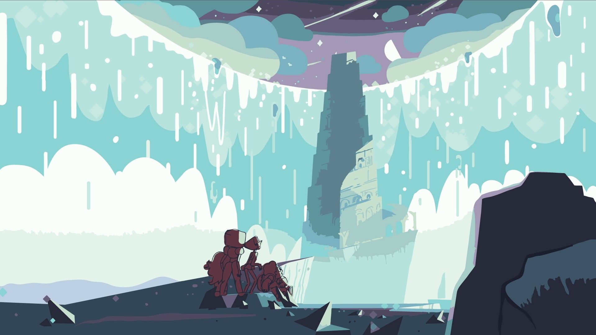 A man with a sword sitting on a cliff in a fantasy world - Steven Universe